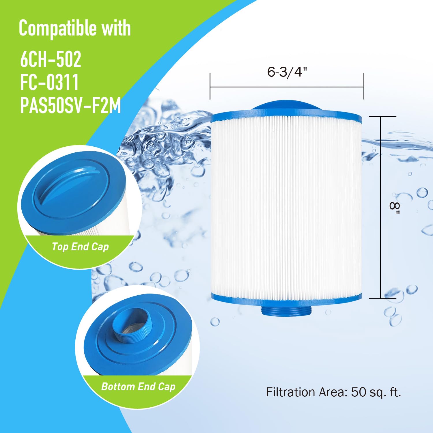 BLUEFLO PAS50SV-F2M Spa Filter Cartridge Replaces for Unicel 6CH-502, Artesian Spas, Filbur FC-0311, PAS502SV, PAS50, Master Deluxe M60506, XLS-604 Hot Tub Filter (2 Pack)