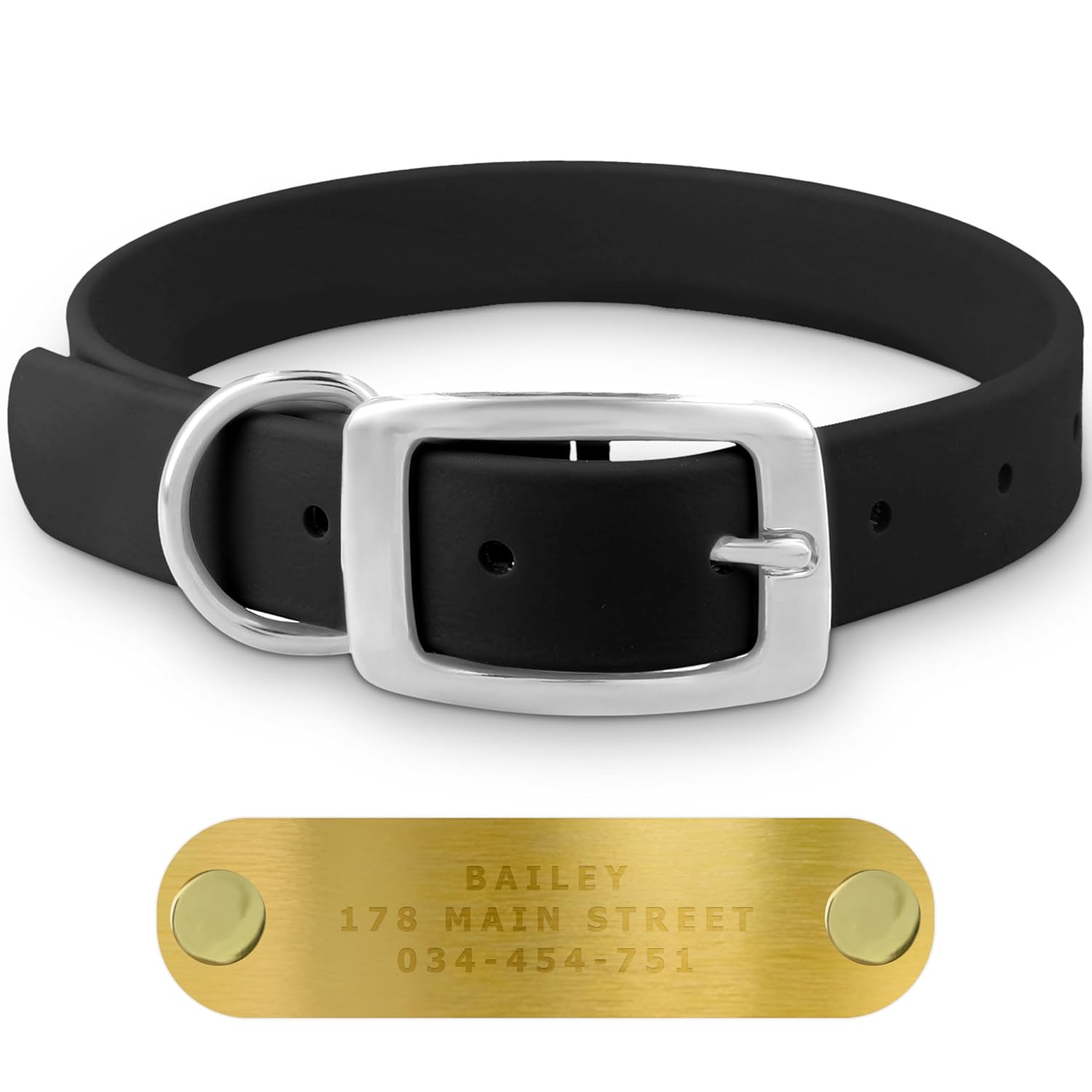 Regal Dog Products Small Black Waterproof Dog Collars with Custom Engraved Name Plate | Vinyl Coated, Anti, Easy to Clean Personalized Biothane Dog Collar - Other Sizes for Medium & Large Dogs (Small Collar Black) Thumbnail