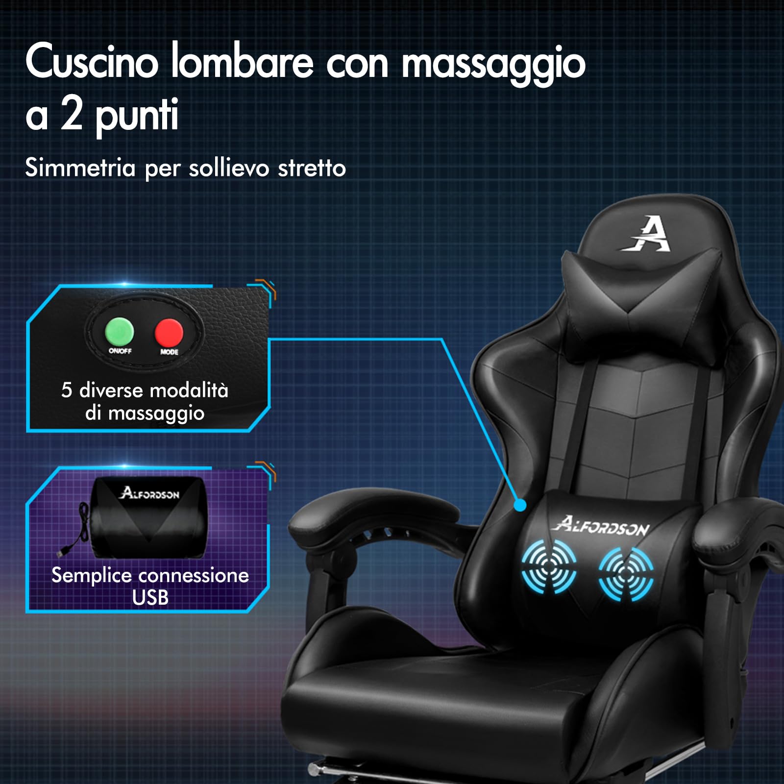 ALFORDSON Sedia Gaming Massaggiante, Sedia Professionale Gamer con Cuscino Lombare & Poggiatesta, Poltrona Ergonomica da Ufficio con Poggiapiedi, Regolabile 90-150°, Portata 180 kg, Similpelle(Nera)