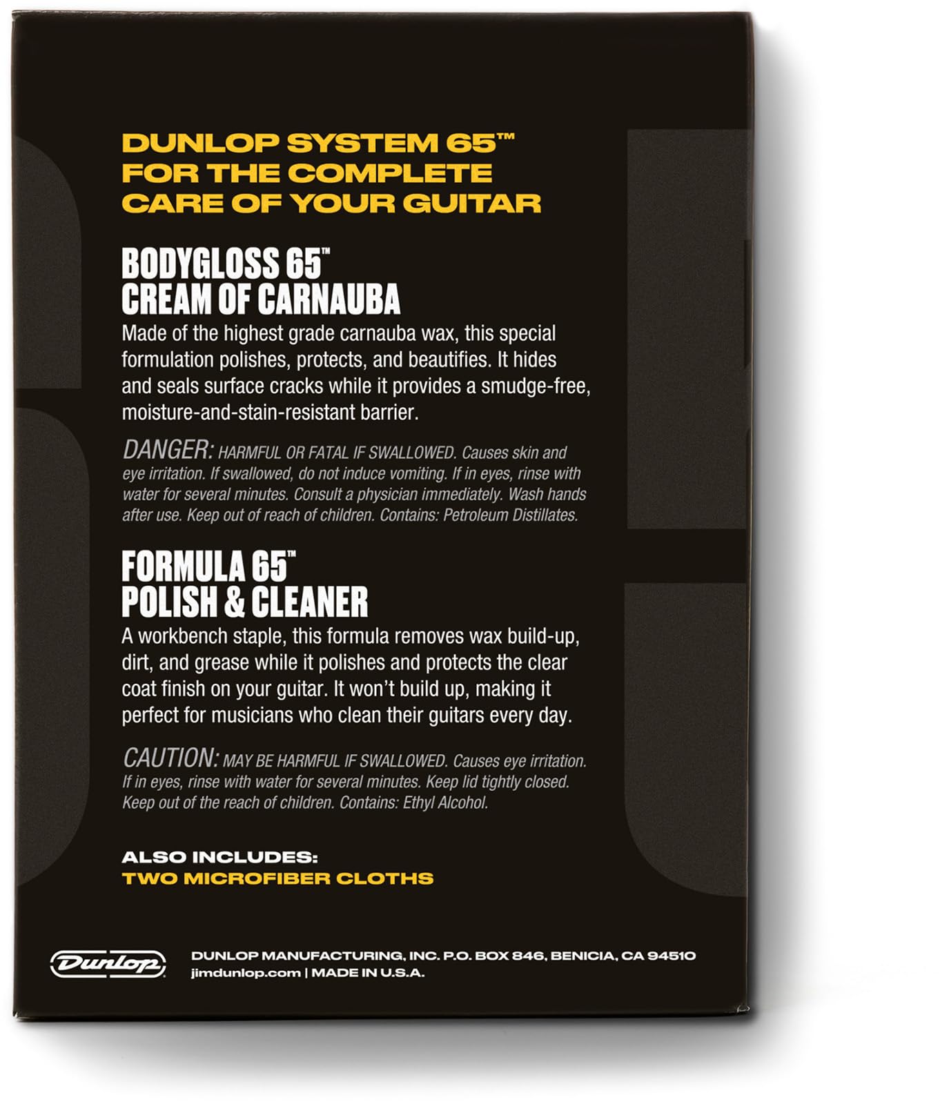 JIM DUNLOP - 6501 System 65 Guitar Polish Kit, per Pulizia Corpo Chitarra Elettrica e Acustica, Include 2 Prodotti Formula65 e 2 Panni in Microfibra