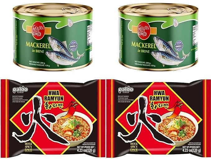 Golden Prize Mackerel In Brine 200 Gms (2 Units) and Paldo Hwa Ramyun Noodles 120 Gms (2 Units), Combo Pack, Pack of 4