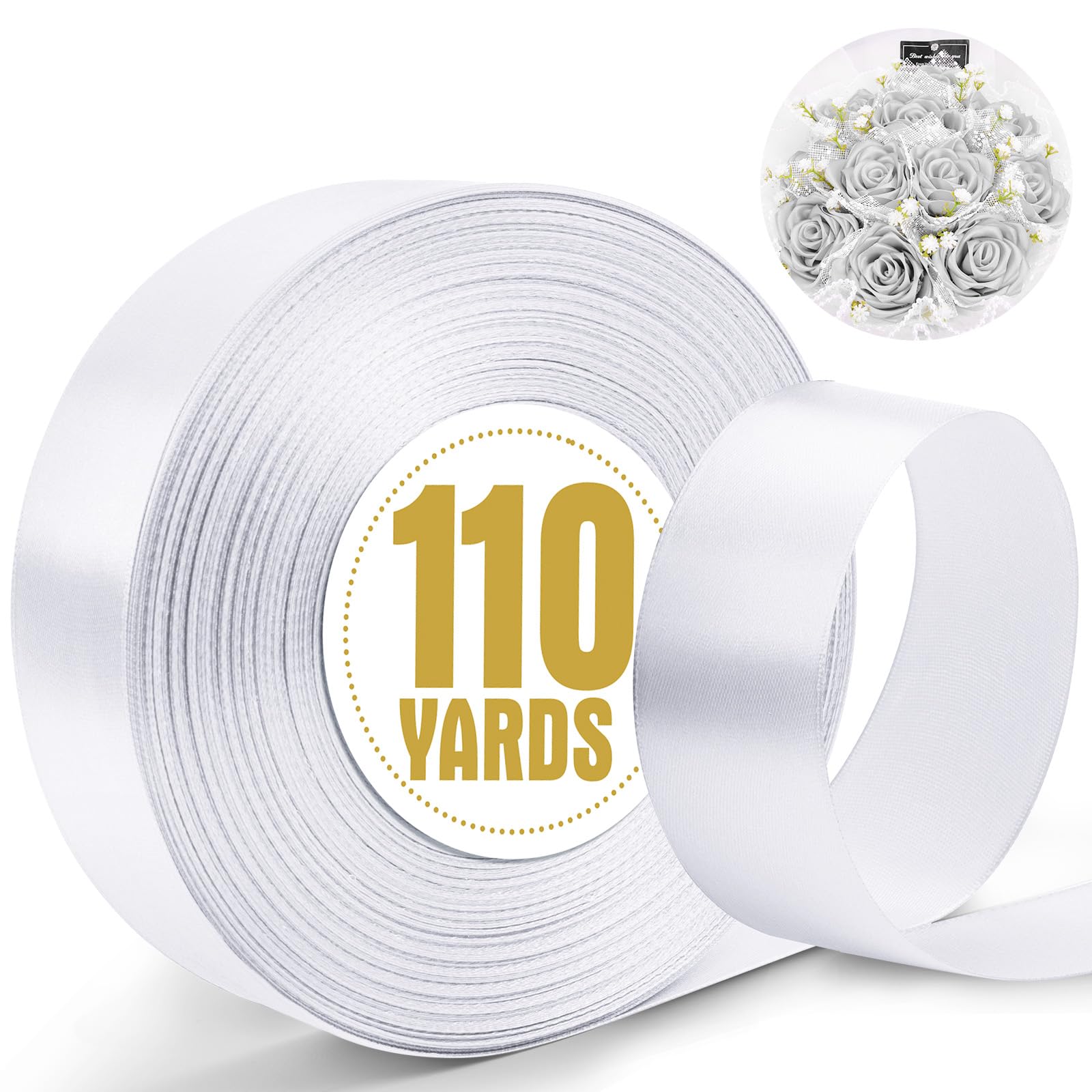 XSEINO 110 Yards Ribbon,1 1/2 Inch White Satin Ribbon for Flower Bouquet, Gift Wrapping, Ribbons for Crafts, Hair Bows Making, Wedding Party