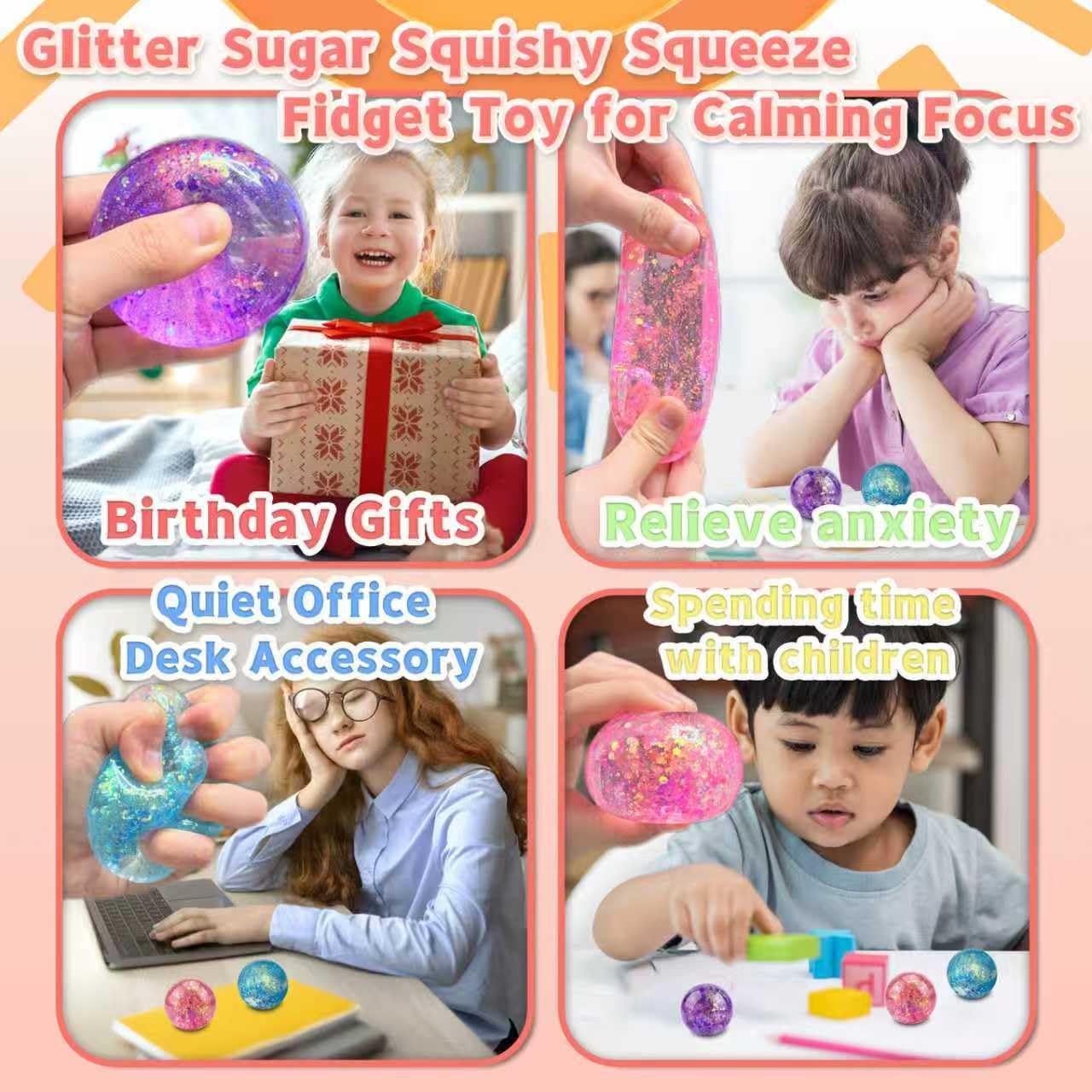 3 Pack Glitter Sugar Stress Balls for Adults and Kids - Squishy Sugar Sensory Relief Fidget Toys for Anxiety, Squeeze Stress Ball with Sparkles Inside - Hand Fidget Toys for Office & Classroom