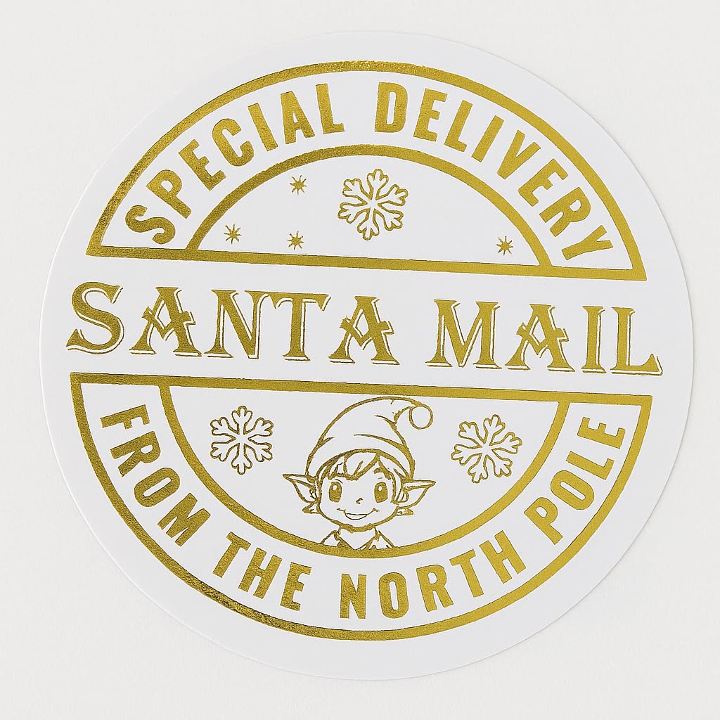 Custom Label Design Ltd White 35-Pack Santa Delivery Stickers – North Pole Christmas Labels With Shiny Gold Foil Print For Children’s Presents Gifts