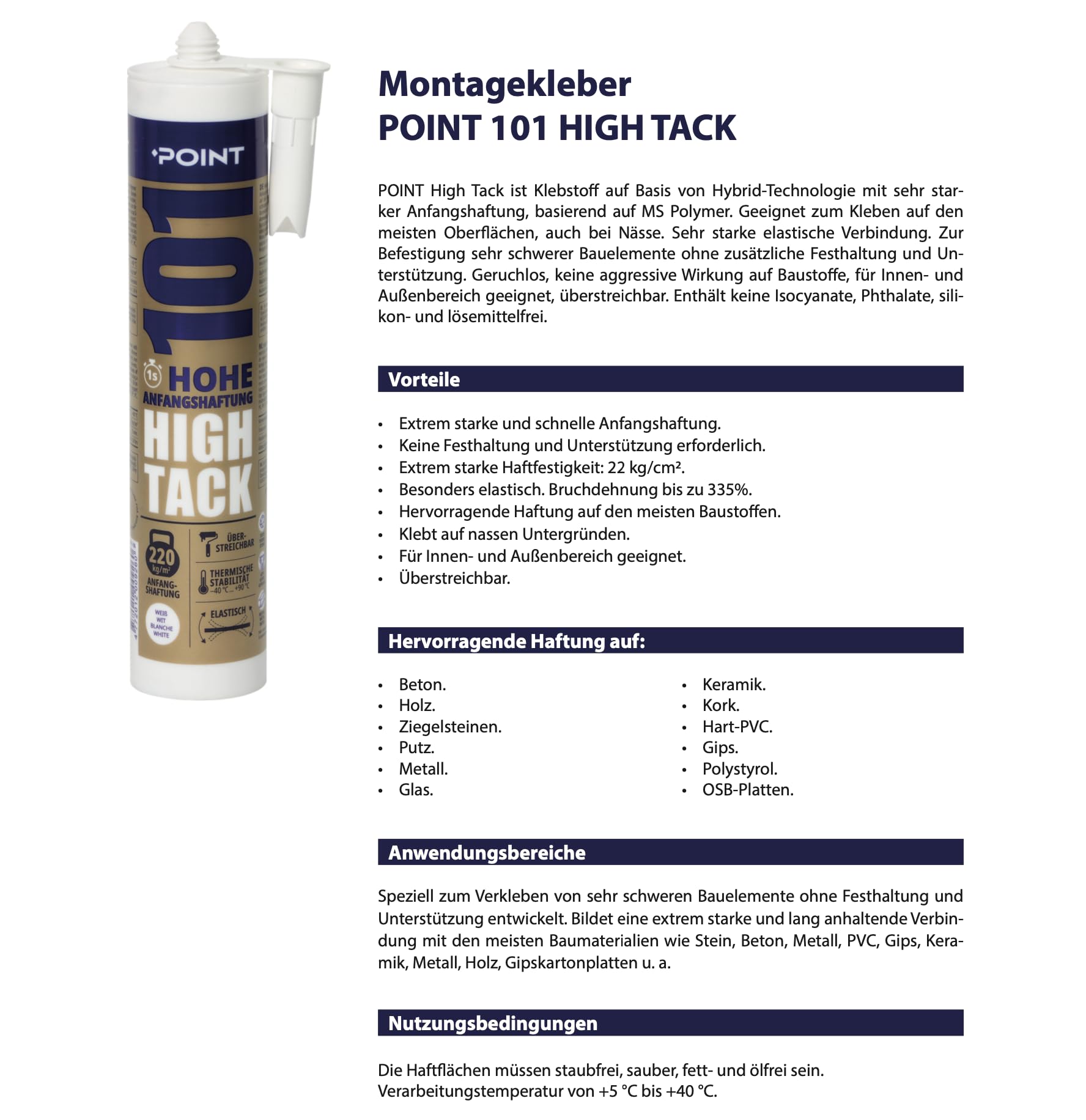 POINT Montagekleber HIGH TACK für sehr schwere Bauelemente Baukleber MS-Polymer Hybridkleber Innen- & Außenbereich wasserfest hohe Elastizität 290 ml (12 Kartuschen, schwarz)