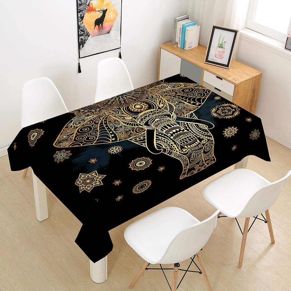 Oduo Golden Mandala Tablecloth Waterproof Polyester Rectangle, Indian Elephant Print Home Decoration Stain Resistant Dust-Proof Wipe Clean For Parties Kitchen Dining Tables (,140X240cm)