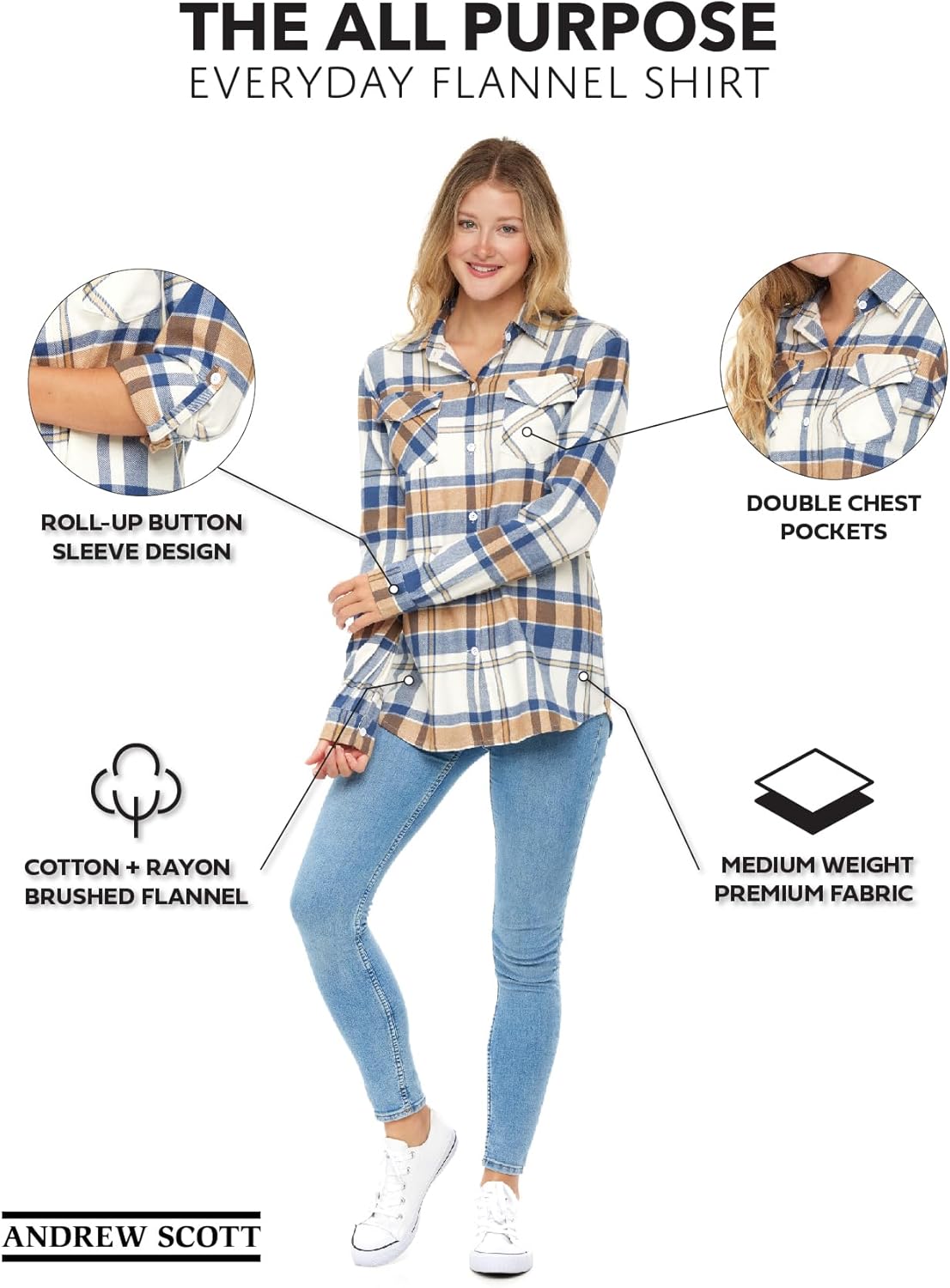 Andrew Scott Women's Classic-Fit Long-Sleeve Lightweight Plaid Flannel Shirt -Multi Packs/Colors - Image 4