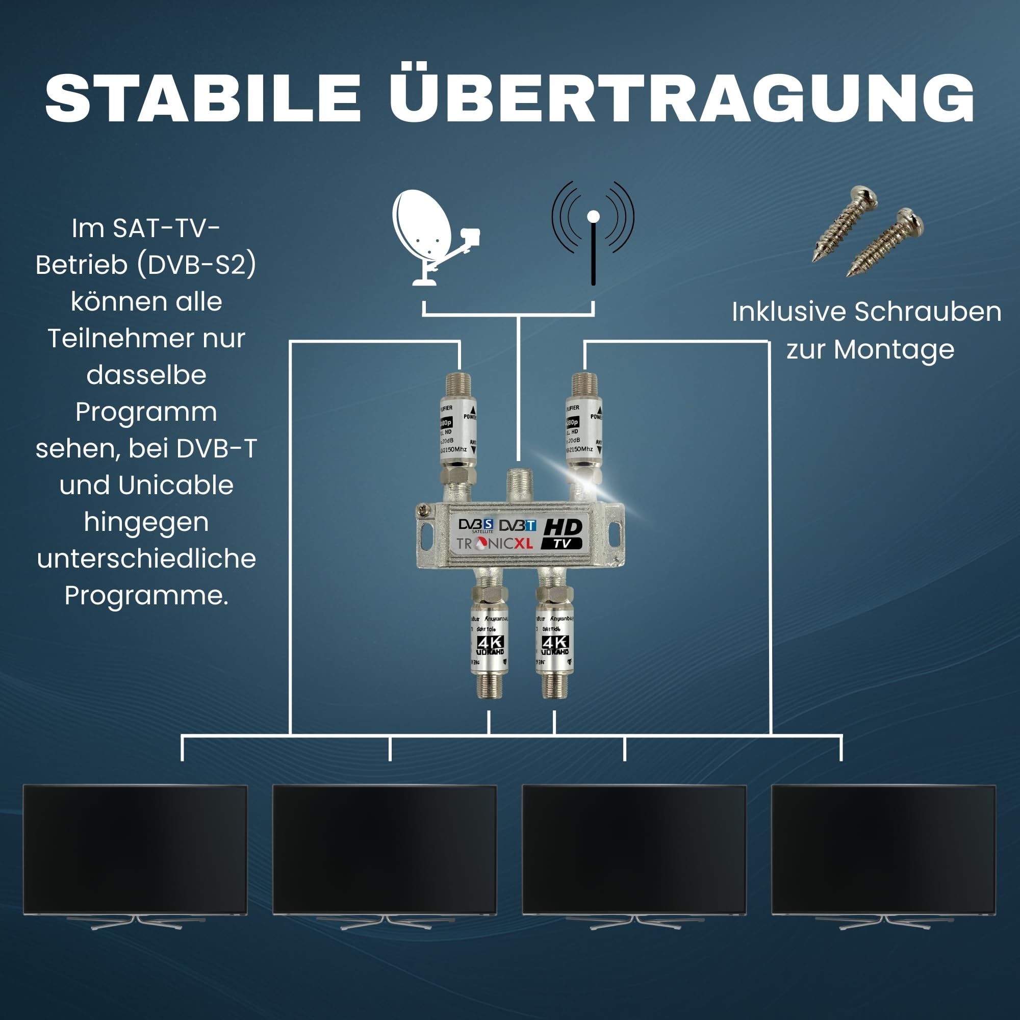 TronicXL Splitter satellitare a 4 vie da 80 dB, amplificatore per antenna, morbido DVB-S2 DVB-T2, con amplificatore per antenna per amplificatore di segnale 3D 4K HDTV per una buona ricezione