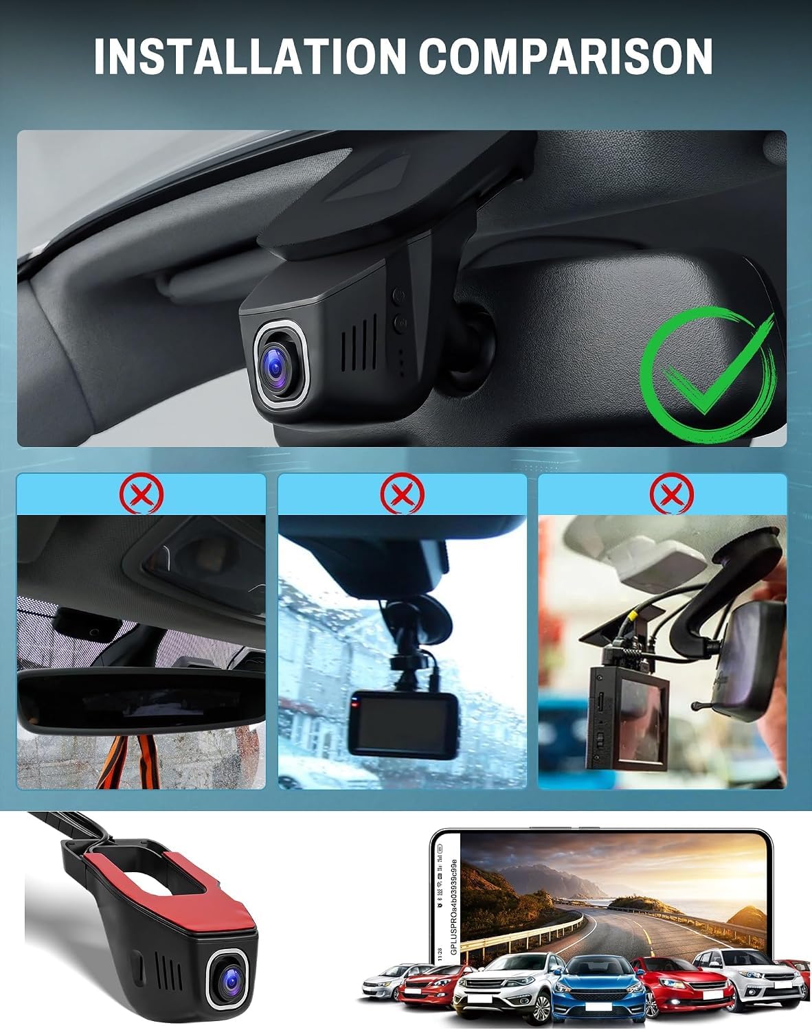 CAMECHO Dashcam 4K con telecamera posteriore per auto, 1080P, 30 fps, Wi-Fi, video con sensore G, registrazione in loop, accessori OEM