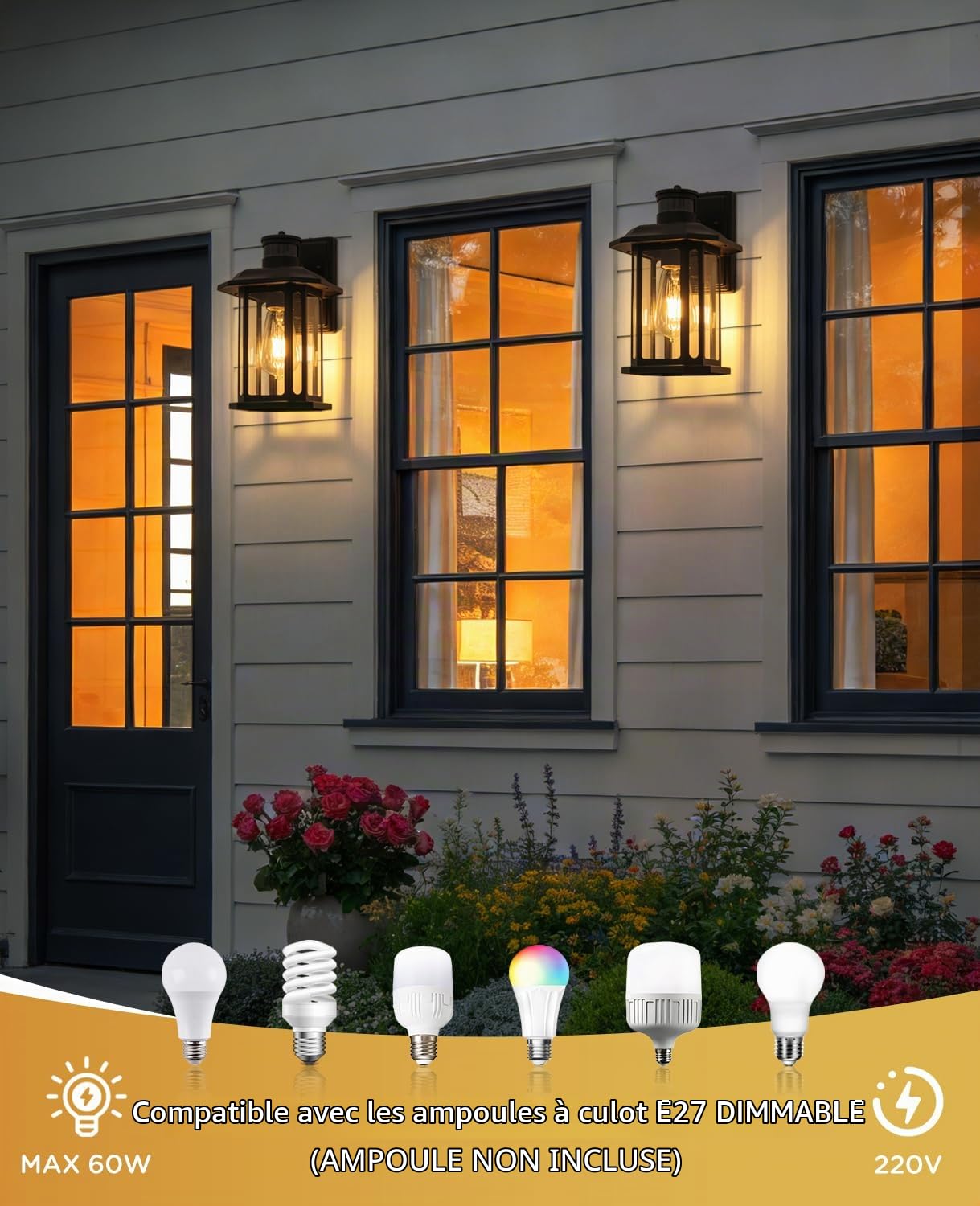 FTL Applique Extérieure avec Détecteur de Mouvement, 3 Modes E27 Lanterne Murale pour Extérieur, Noire Porche Luminaire Exterieur avec Capteur de Mouvement, IP44 Éclairage d'extérieur pour Jardin