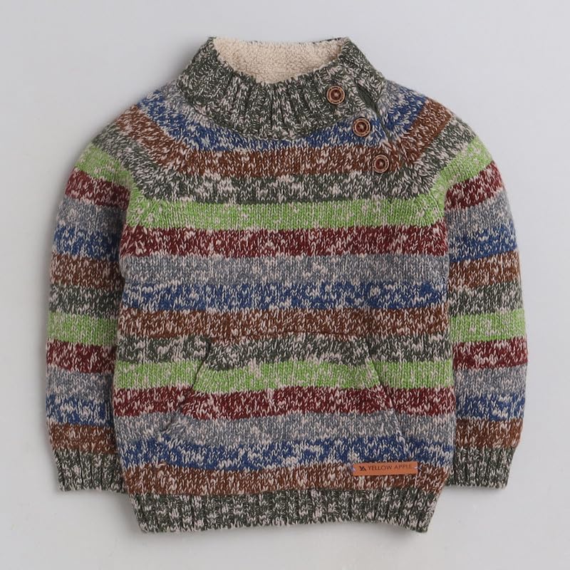 Yellow Apple Kids Woolen Warm Sweater Full Sleeve with Round Neck for Boys Olive 3
