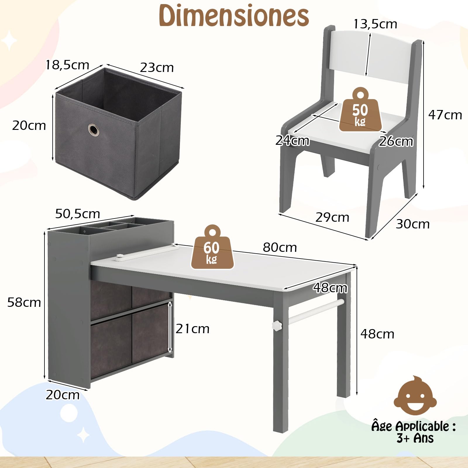 COSTWAY Bureau Enfant en Bois avec 2 Chaises & Rouleau de Papier, Table Enfant avec 4 Bacs en Tissu & 4 Compartiments & Étagères Ouvertes, Table à Dessin pour 3 Ans+, Charge 50/60kg (Gris)