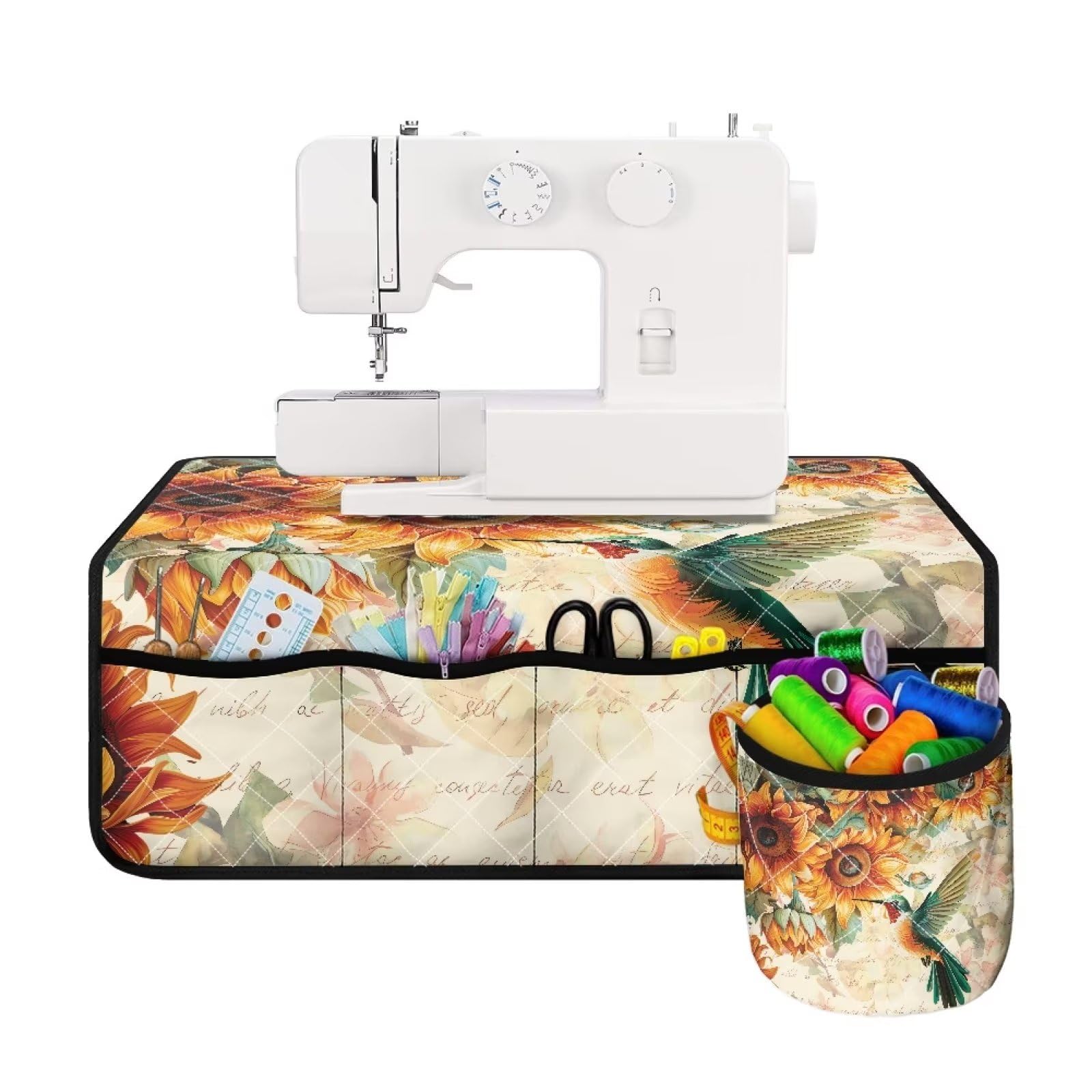 Kathyboom Sunflower Hummingbird Sewing Machine Mats for Table with Pockets Thanksgiving Sewing Machines Mats to Reduce Noise Durable Dust Cover Protective Mats