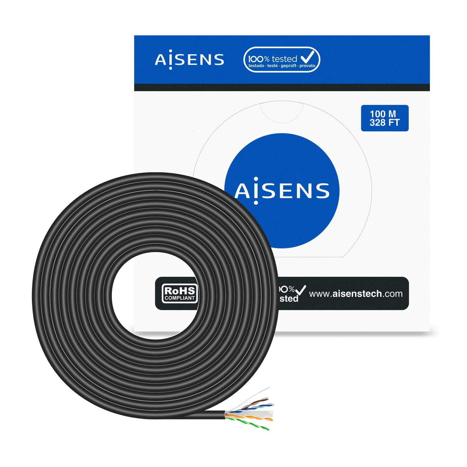 AISENS - A135-0675 - Cable de Red Exterior Impermeable RJ45 Cat.6 UTP Rígido Cca AWG23, Negro, 100M