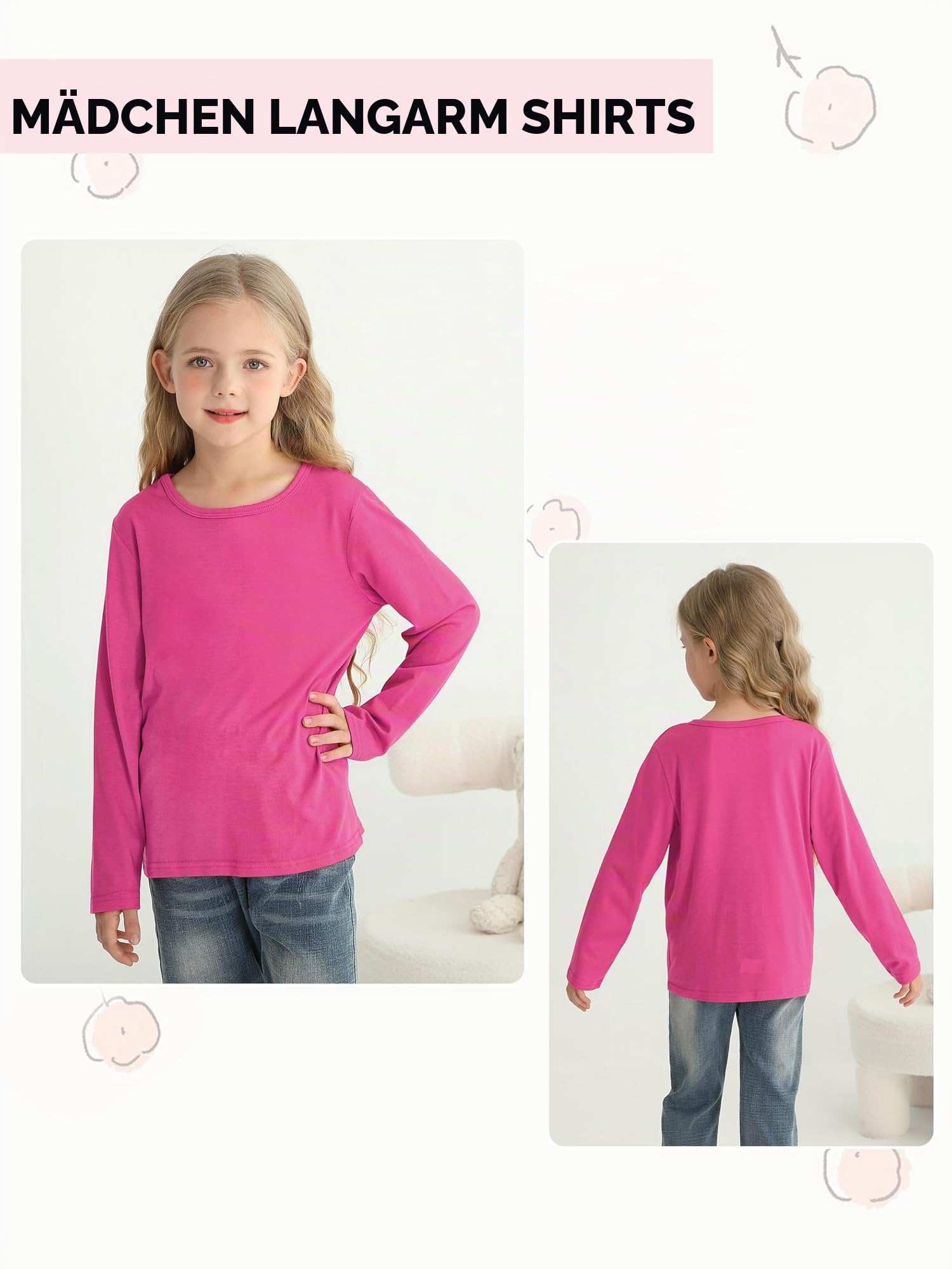 Langarmshirts für Mädchen, weich, Rundhalsausschnitt, langärmelig, Basic-T-Shirts, ohne Etikett, 5 Stück