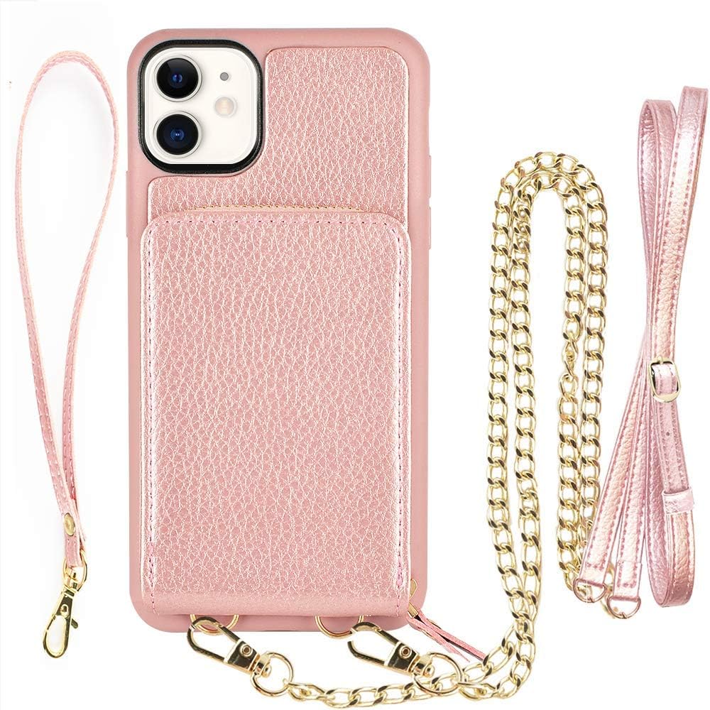 iPhone 11 Wallet Case, JLFCH iPhone 11 Crossbody Case with Zipper Credit Card Slot Holder Wrist Strap Lanyard Protective Cover Women Girl Purse for Apple iPhone 11, 6.1 inch - Rose Gold