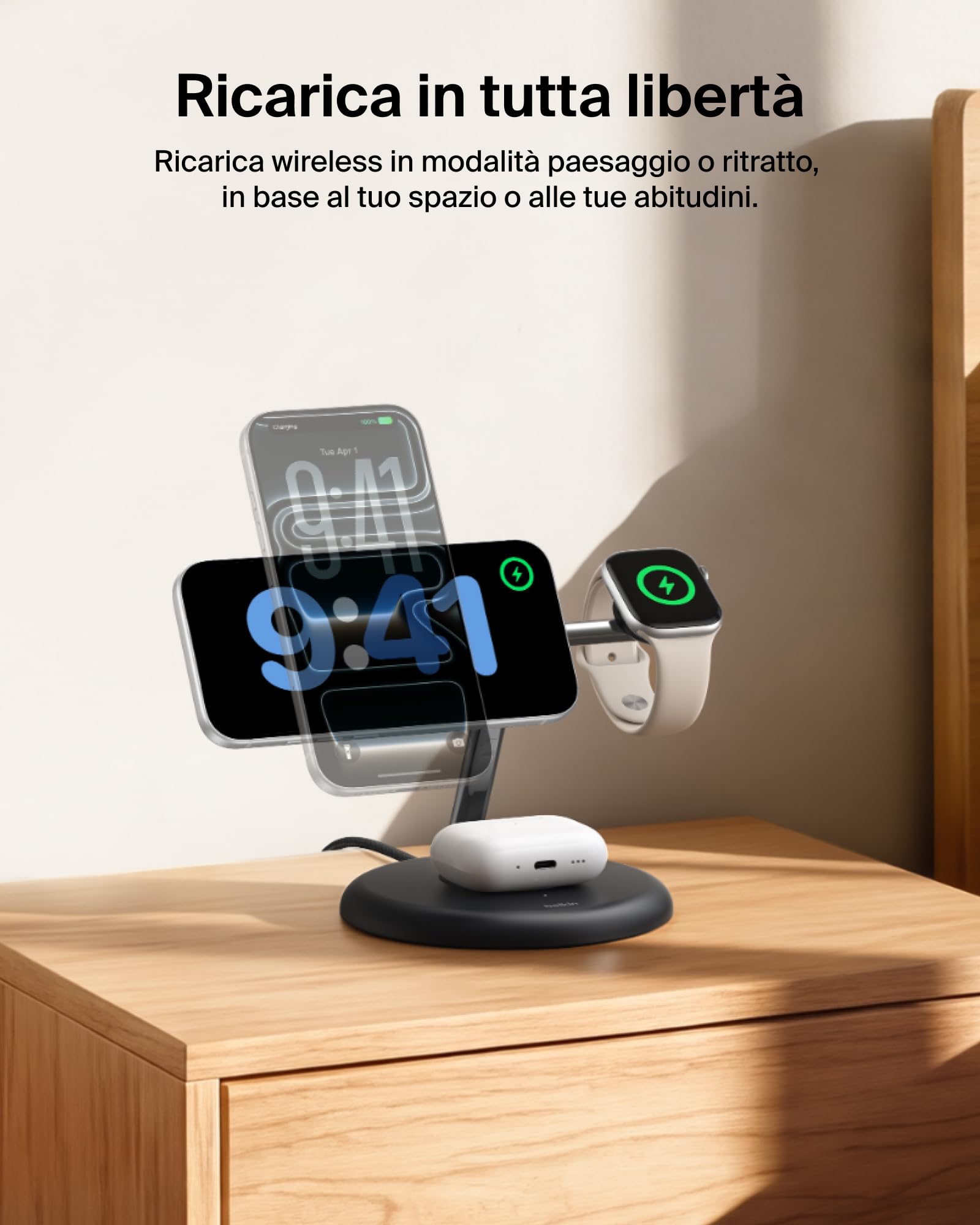 Belkin UltraCharge Caricatore Wireless Qi2.2 25W 3 in 1 - Nero | Caricatore Wireless Magnetico MagSafe, Certificato Qi2.2 per iPhone, Apple Watch, Auricolari, Cavo USB-C e Alimentatore 45W