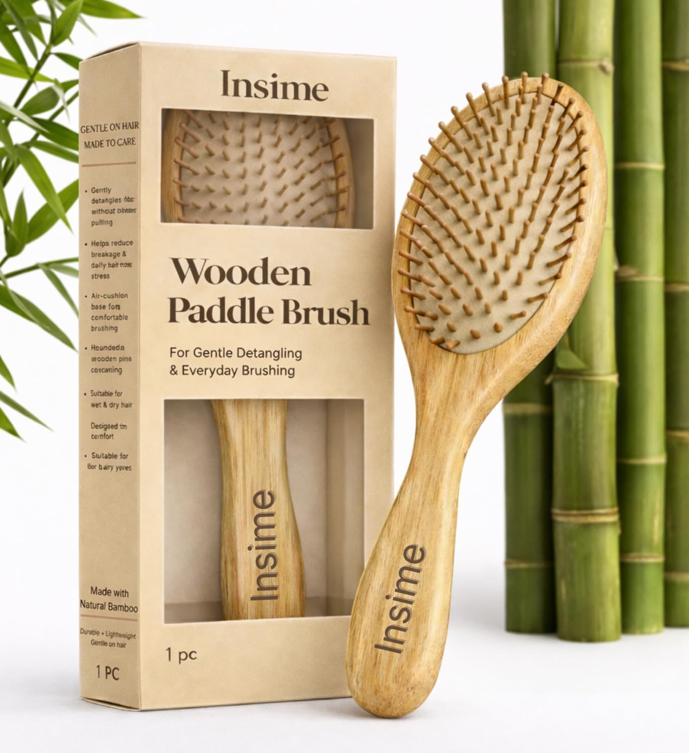 INSIME Wooden hair brush for Women & Men – Bamboo wooden Paddle hair brush for men women Curly hair – Bamboo Wooden brush for hair growth with flat paddle brush comb