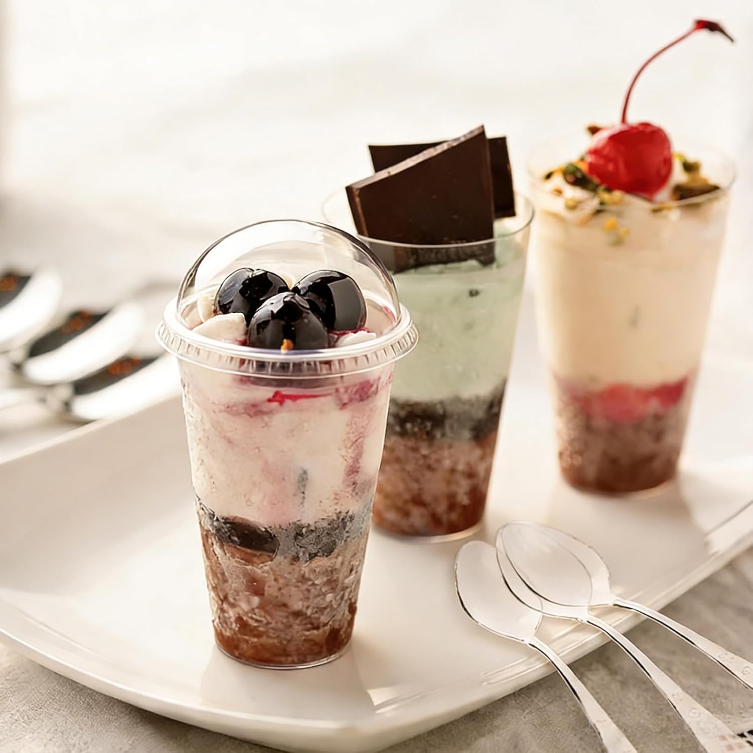 Clear Plastic Dessert Cups with Dome Lids and Spoons