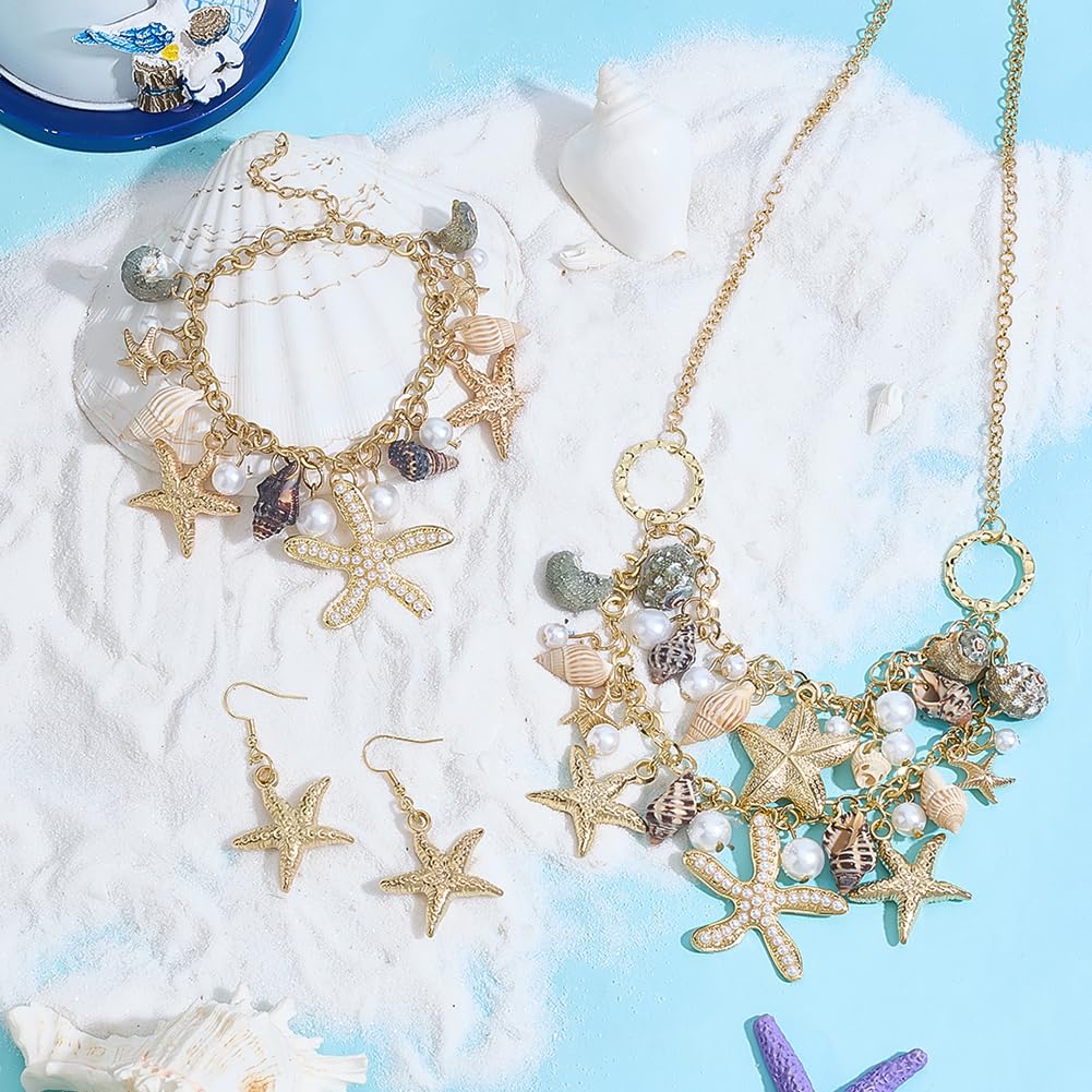PH PandaHall Halloween Mermaid Costume Accessories Jewelry Set Shell Starfish Necklace Earrings Women Mermaid Jewelry with Gift Box Seashell Bib Statement Necklace for Cosplay Fancy Dress up (Gold)