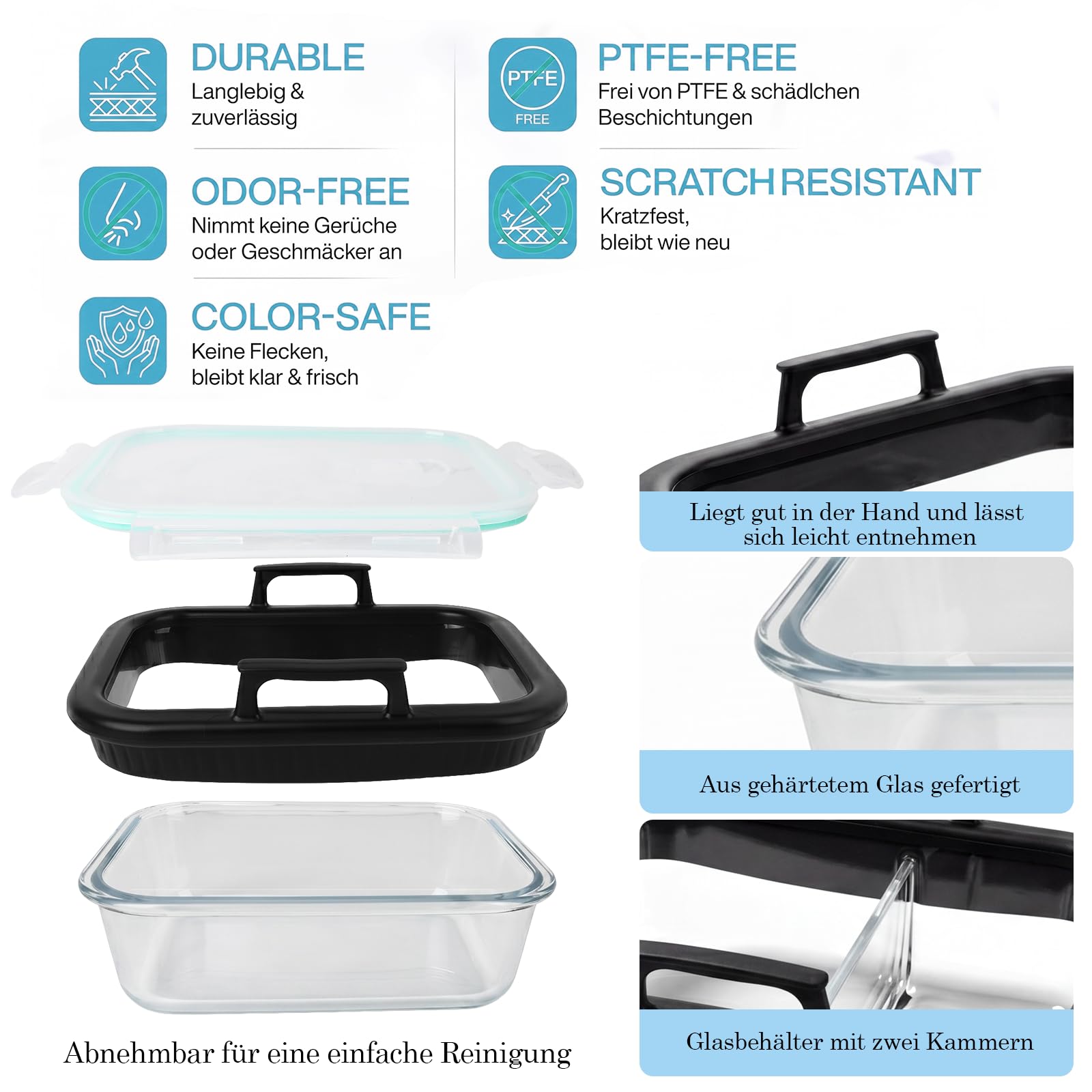 2 moldes para horno Ninja AF400EU/DZ400EU/AF500EU/COSORI, accesorios de cristal con tapa, molde de cristal sin BPA para freidora de aire caliente, 2 cámaras, anillo de silicona extraíble de 20 x 15 x