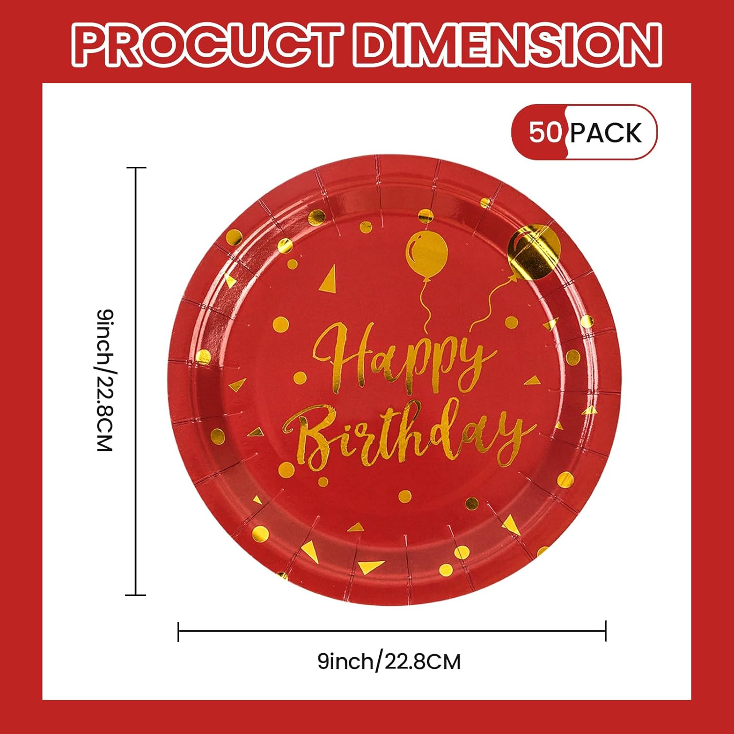 50PCS Happy Birthday Red and Gold Paper Plates, 9 inch Metallic Foil Polka Dots Disposable Dessert Party Plates Party Supplies for Graduation Birthday Cocktail Weddings Holiday - Image 2