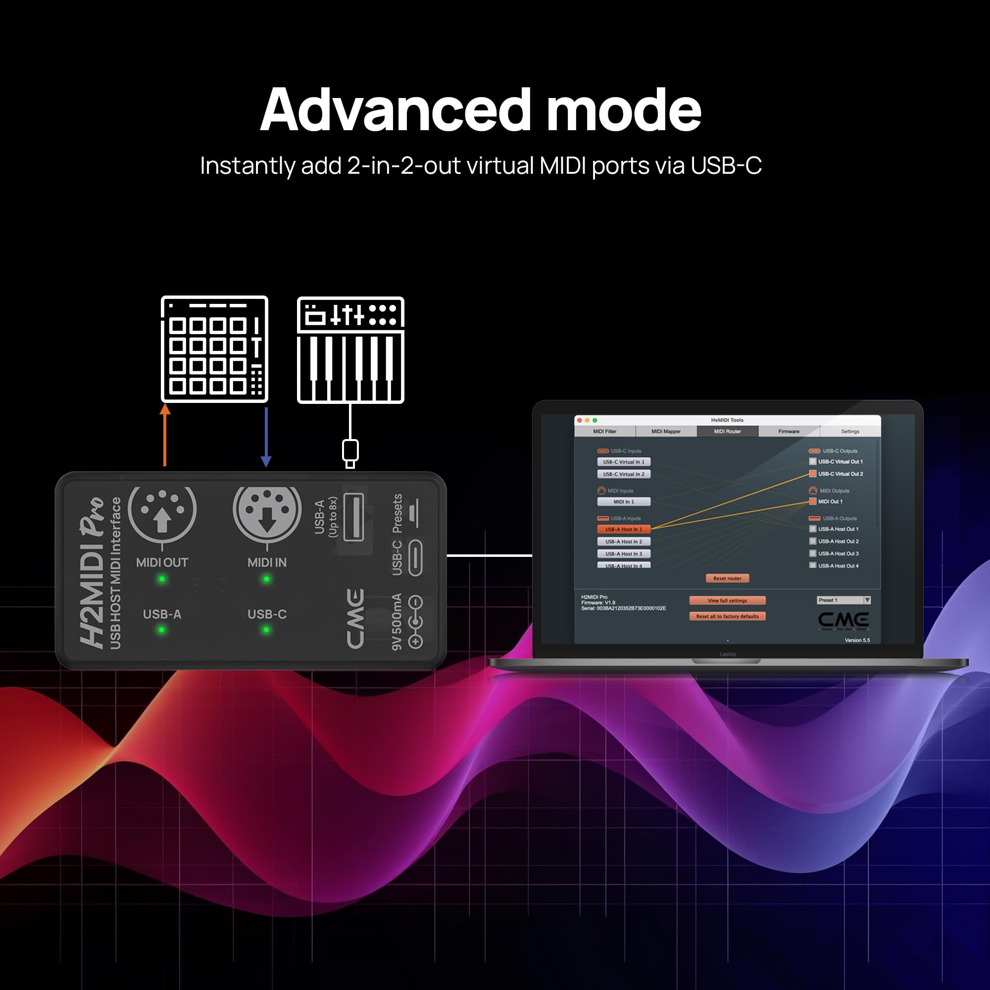 CME H2MIDI Pro - Interfaccia MIDI USB Host compatta e versatile con router, filtro, mapper, processore a 32 bit e doppia alimentazione per chitarristi e produttori