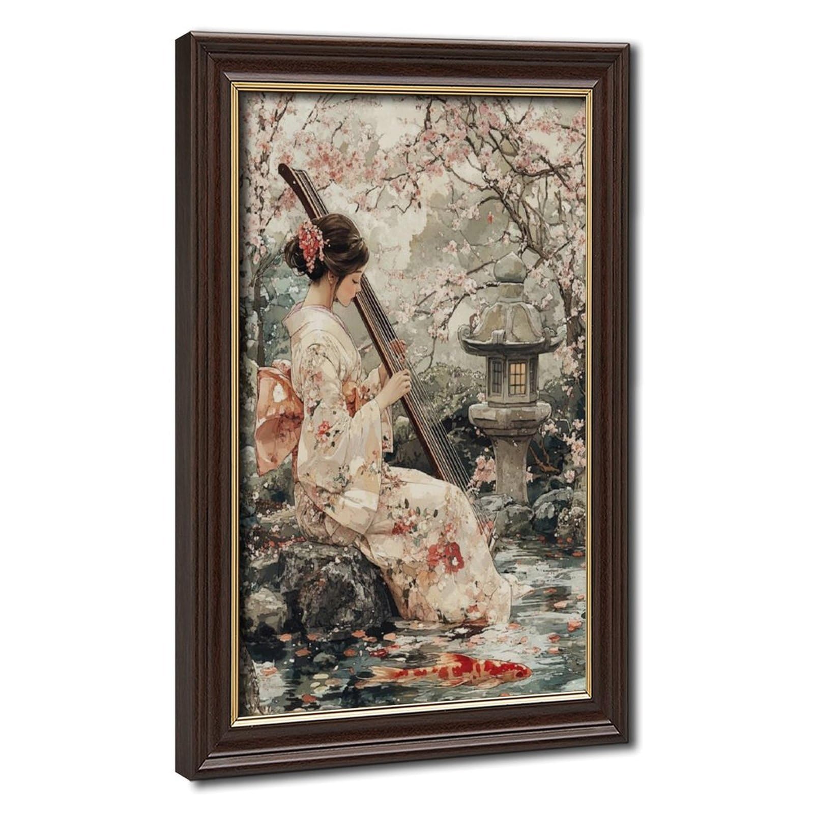 Lxwnze Mokume Gane Frame-Style Japanese Cherry Blossom Garden Scene Canvas Poster For Office Decor Gift