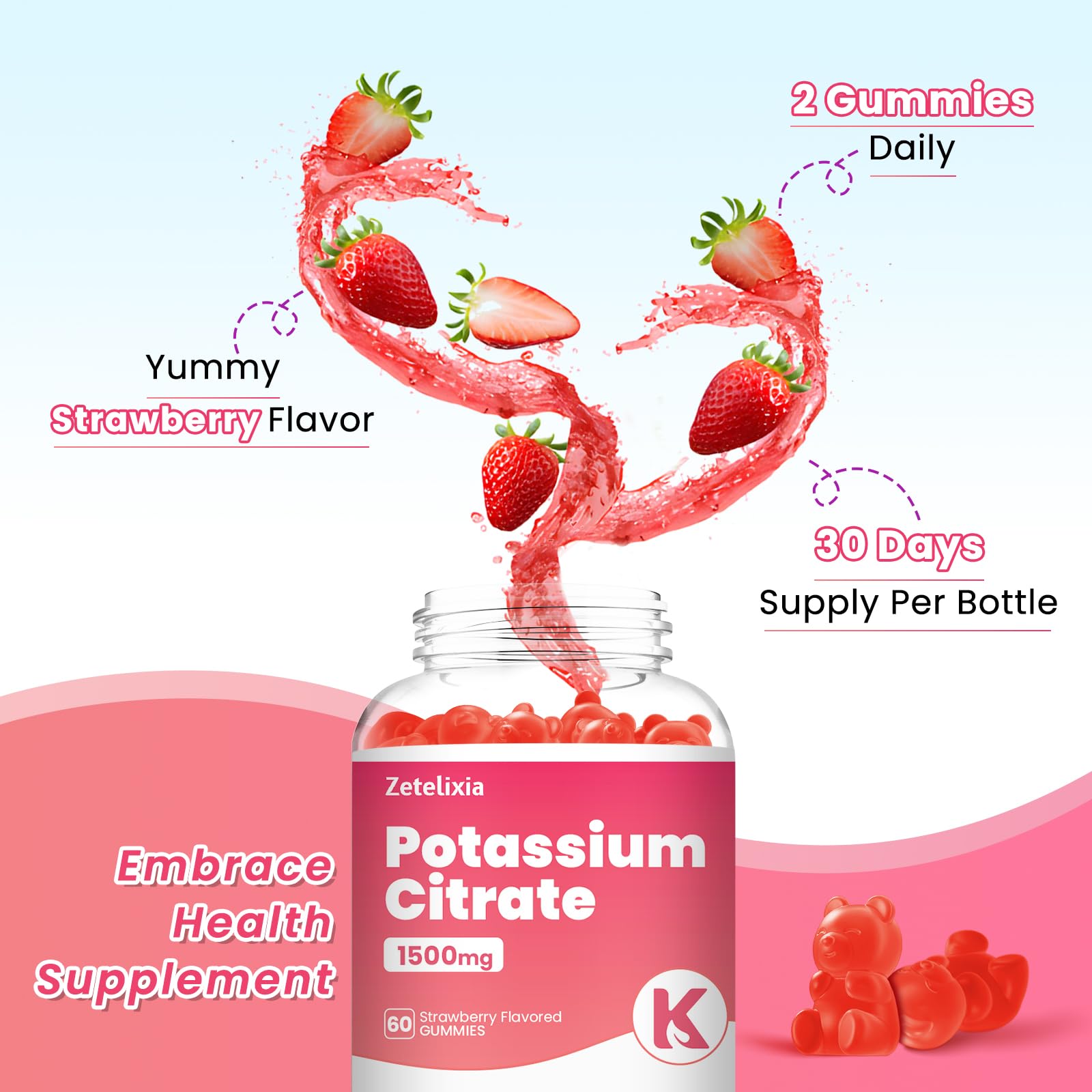Potassium Gummies for Adults Women & Men, Potassium Citrate Supplement, Support Leg Cramps, Muscle Health & Electrolyte Balance, Sugar Free, Organic, Vegan, Strawberry, 60 Cts — Amazon image 5