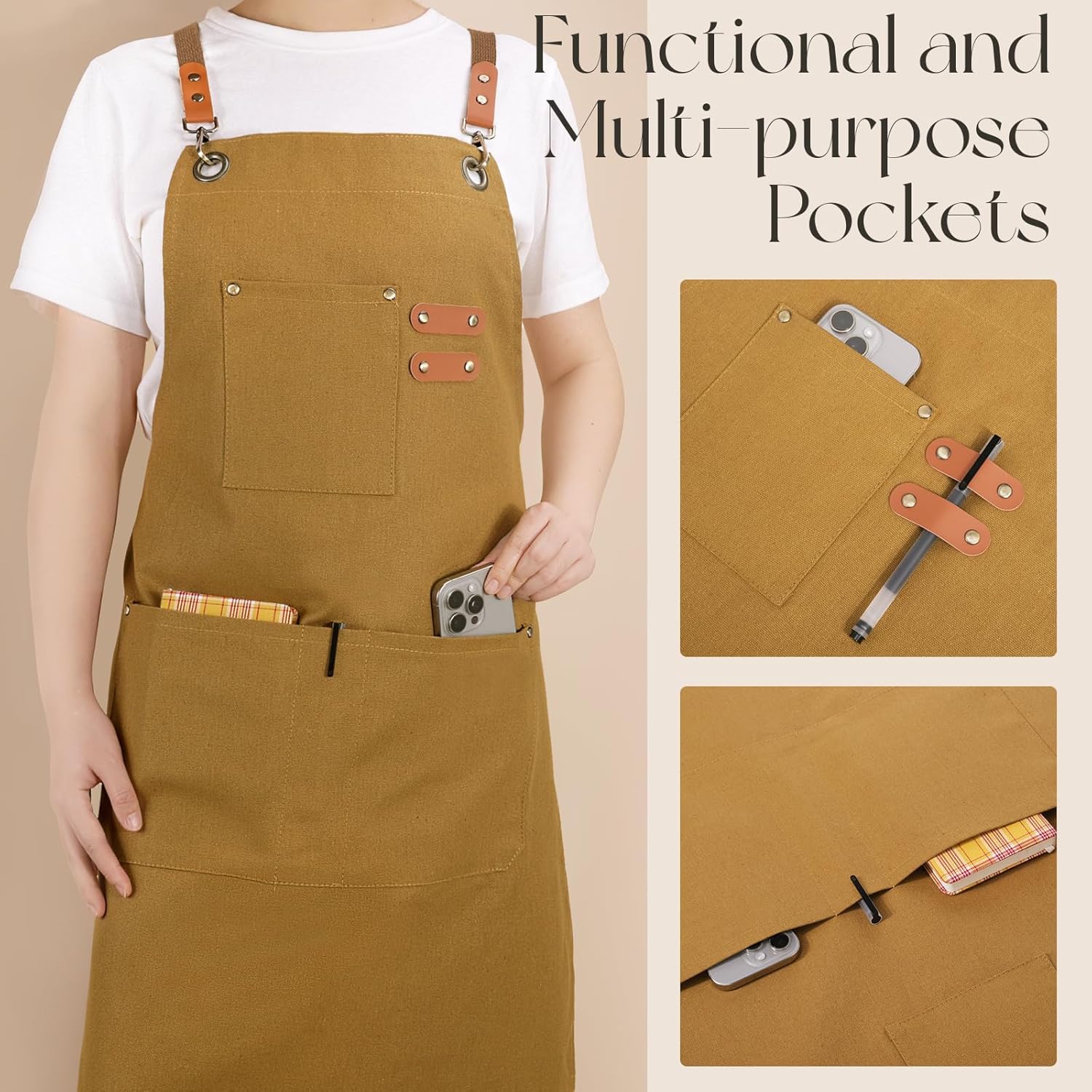 Chef Aprons for Men Women with Large Pockets, Cotton Canvas Water Repellent Kitchen Apron for Cooking - Image 3