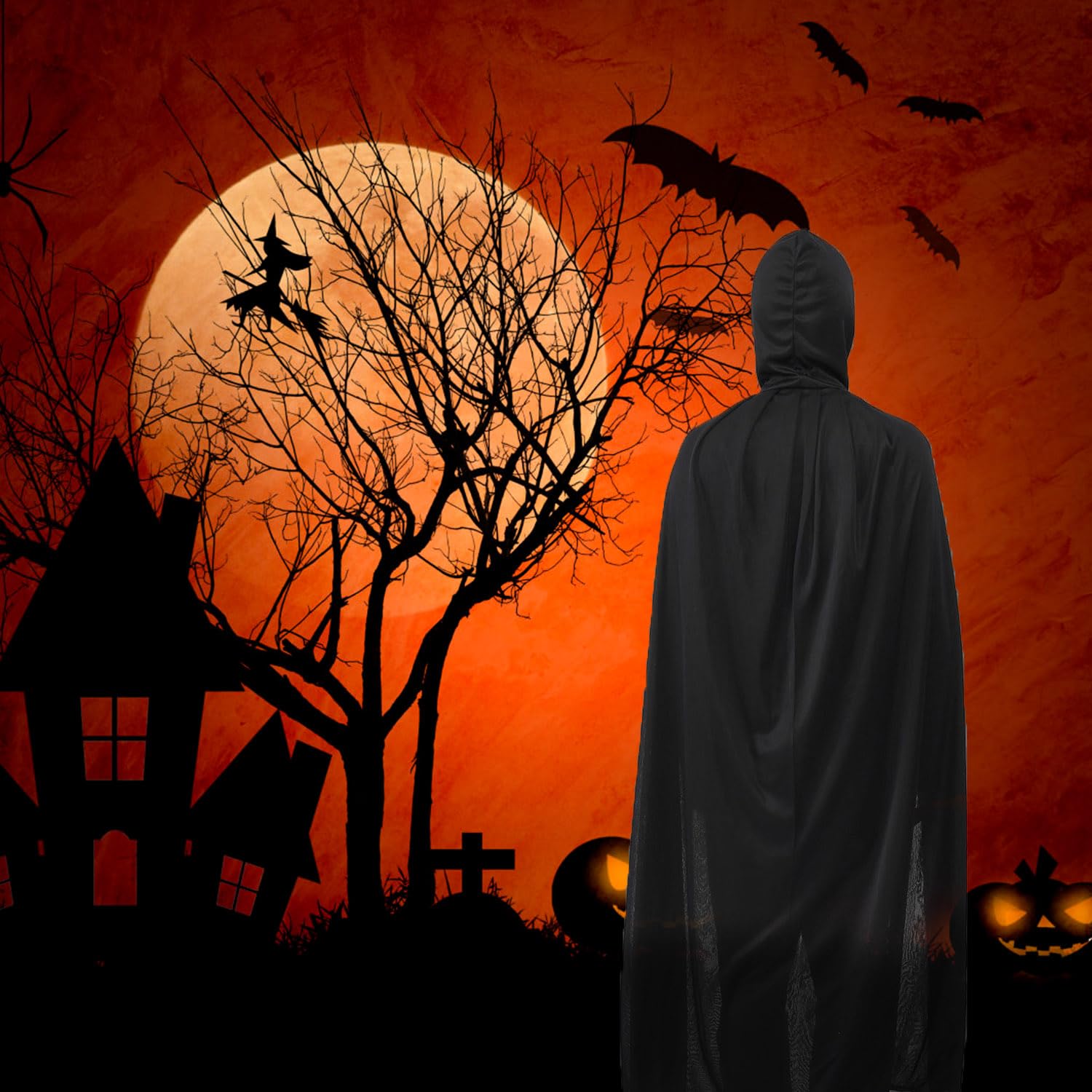 Cape Halloween Noire 140cm - Capuche Et Rubans - Déguisement Sorcière Vampire - Adultes Enfants
