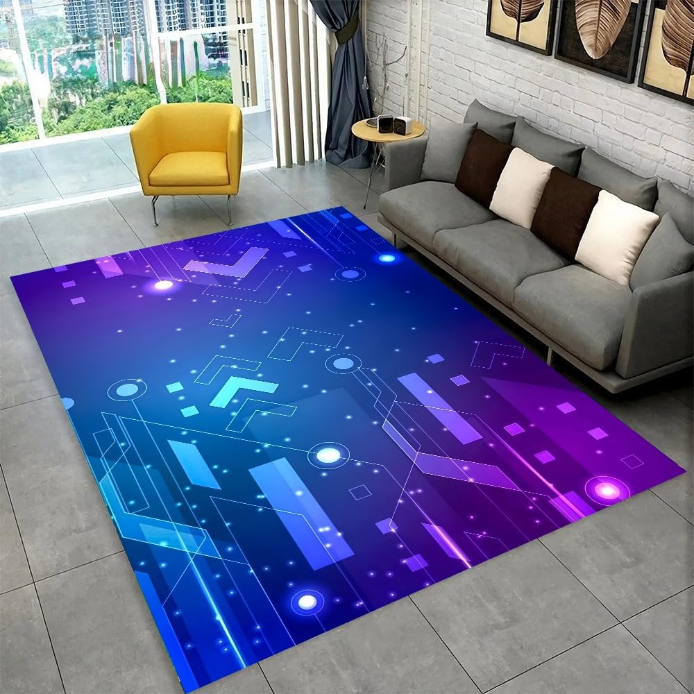 Tapis de salon géométrique bleu et violet avec effet illusion optique 3D