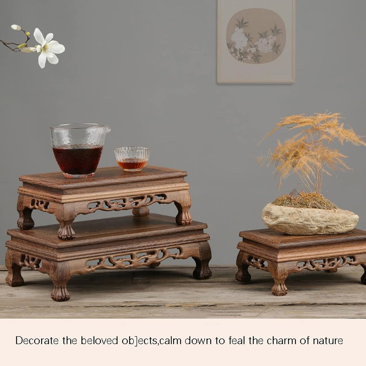Bonsai Pedestal Vase Pedestal Stands Plant Bonsai Square Shape Wooden Teapot Base Vase Carving Bracket Wood Buddha Statue Decoration Base for Indoor Living Room Decoration Planter Stand Plant Holder (