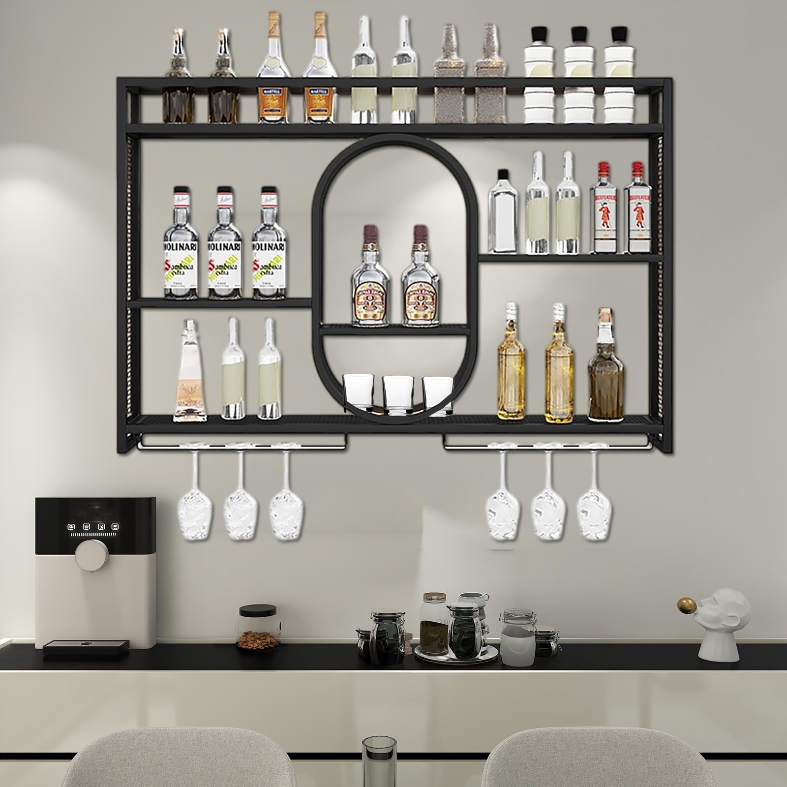 Étagère à vin de bar moderne murale en fer avec support pour verres à pied