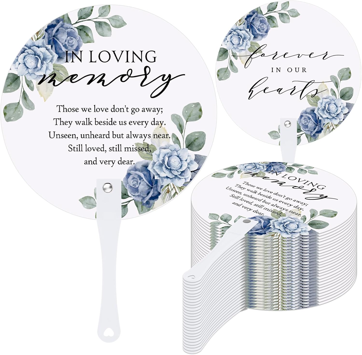 Teling 100 Pcs Funeral Favors for Guests Funeral Handheld Fans Bulk, in Loving Memory Fans with Plastic Handle Celebration of Life Favors for Memorial Party Sympathy Return Gifts(Forget Me Not)