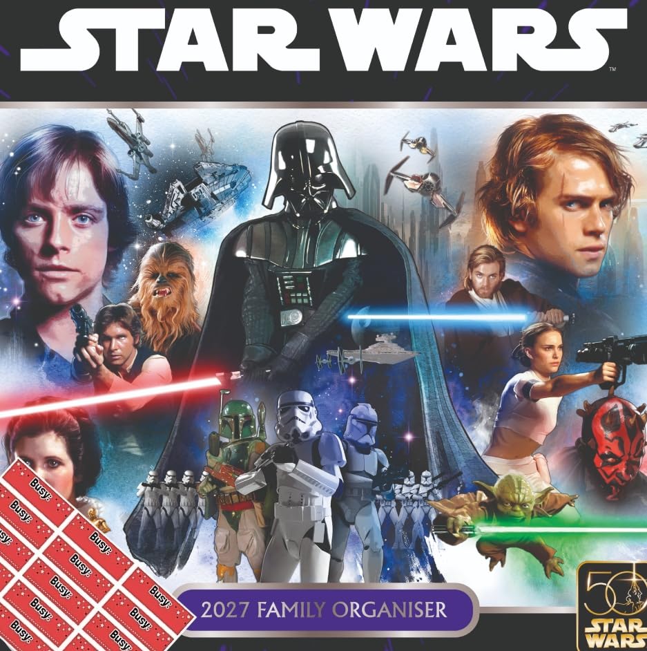 Star Wars Official 2027 Family Organiser Calendar with Stickers and Pull-Out Centre Page – 5-Column Monthly Wall Planner