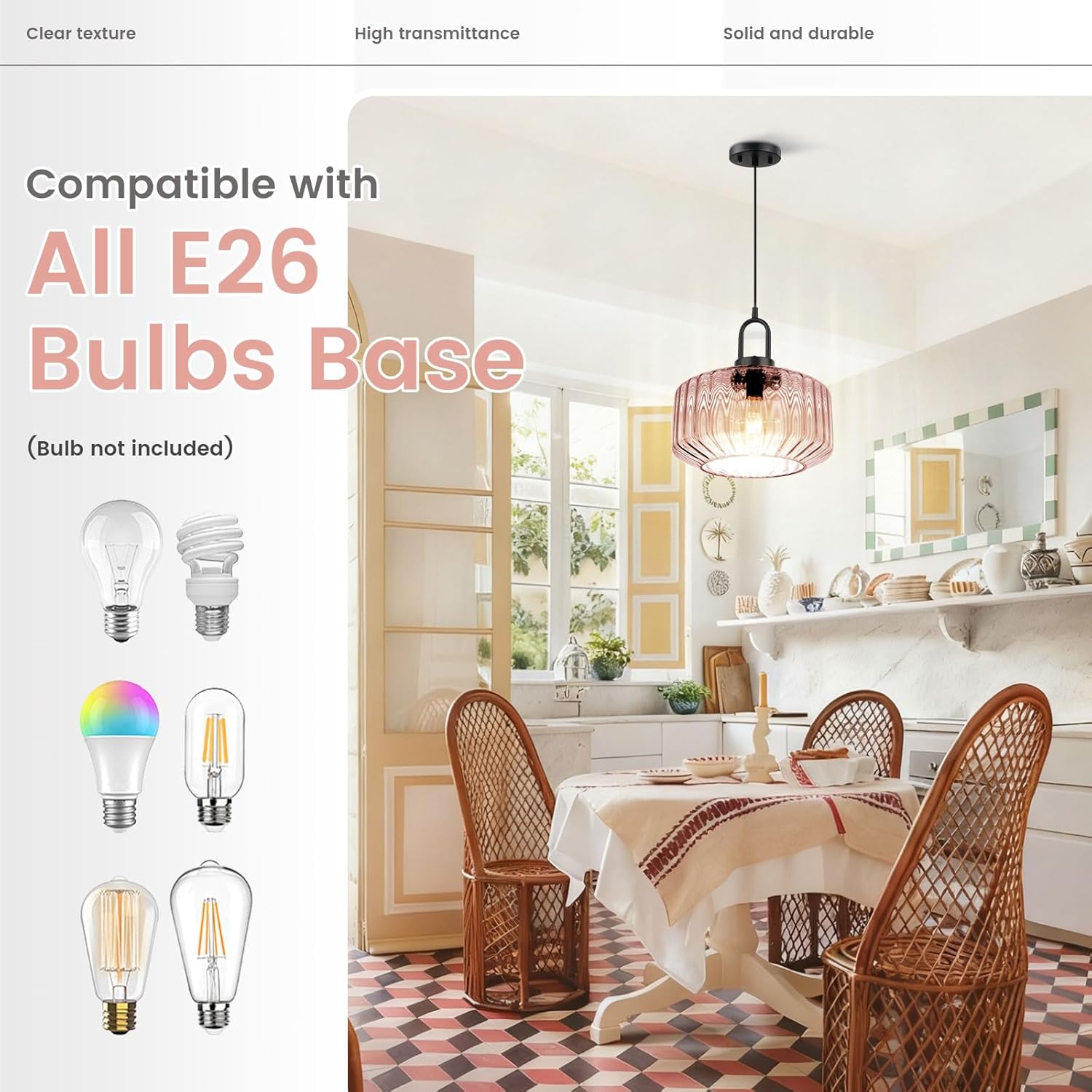 Large Glass Pendant Lights Fixture Mid Century Modern Pendant Lighting Pink Globe Shade Adjustable Cord Pendant Light Vintage Ceiling Hanging Lights for Dining Room Kitchen Island