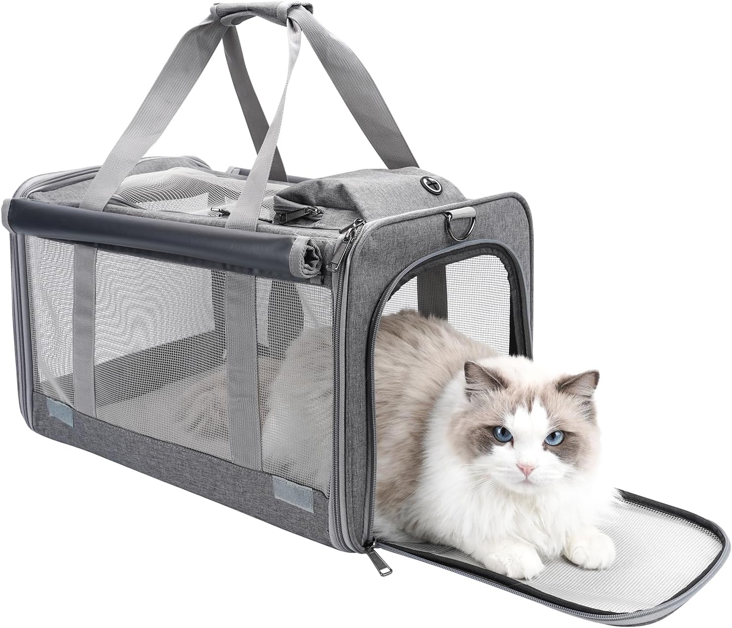H.S.C PET Grey Large Cats Carrier Soft-Sided for Pups Travelling,360 Degrees-5 Ventilated Mesh Windows,with 2 Curtains,20 lbs Puppy/23…