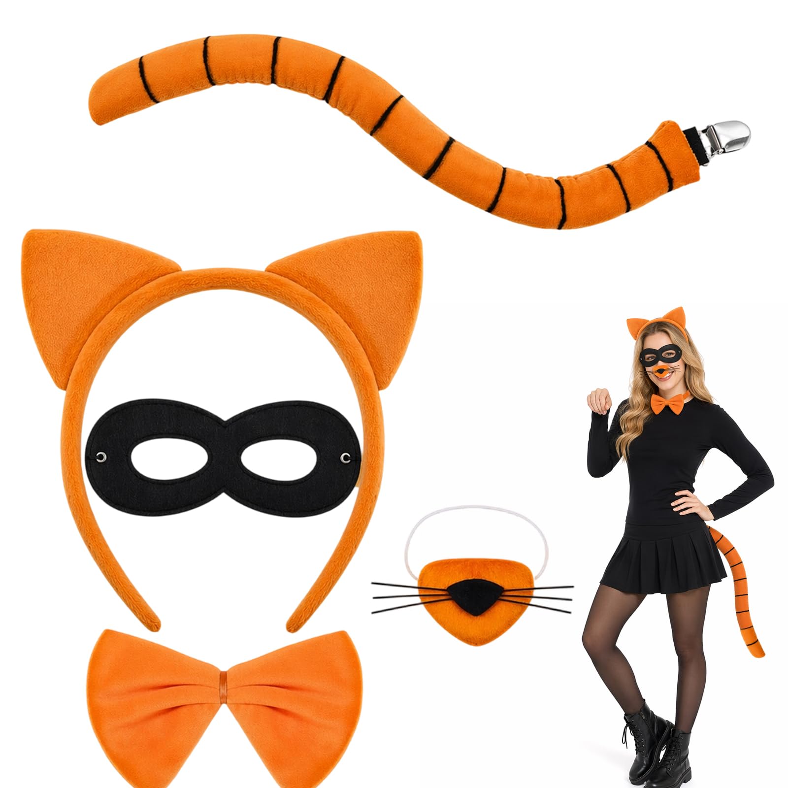 Kxsufwa 5-Piece Orange Tabby Cat Costumes for Cosplay and Fancy Dress Parties, Complete Animal Accessory Set with Headband orange cat ears, Eye Mask, Nose, Bow Tie and Striped Tail