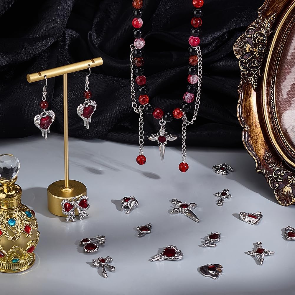 PH PandaHall 28pcs 14 Styles Alloy Gothic Charms Pendants, Platinum Red Heart Charm Enamel Dangle Pendant Vintage Metal Cross Flower Bow Charms for Halloween Jewelry Necklaces Earring Crafts Supplies - Image 4