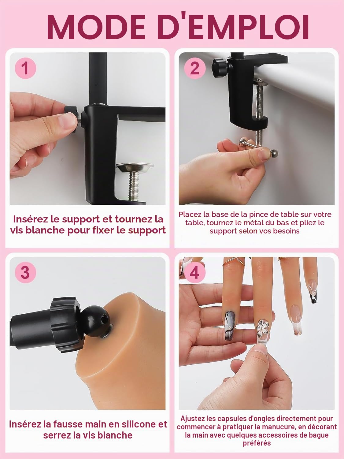 EBANKU Main d’Entraînement en Silicone pour Ongles Acryliques, Main Flexible avec Support, Main Factice Réutilisable pour Débutants et Professionnels du Nail Art
