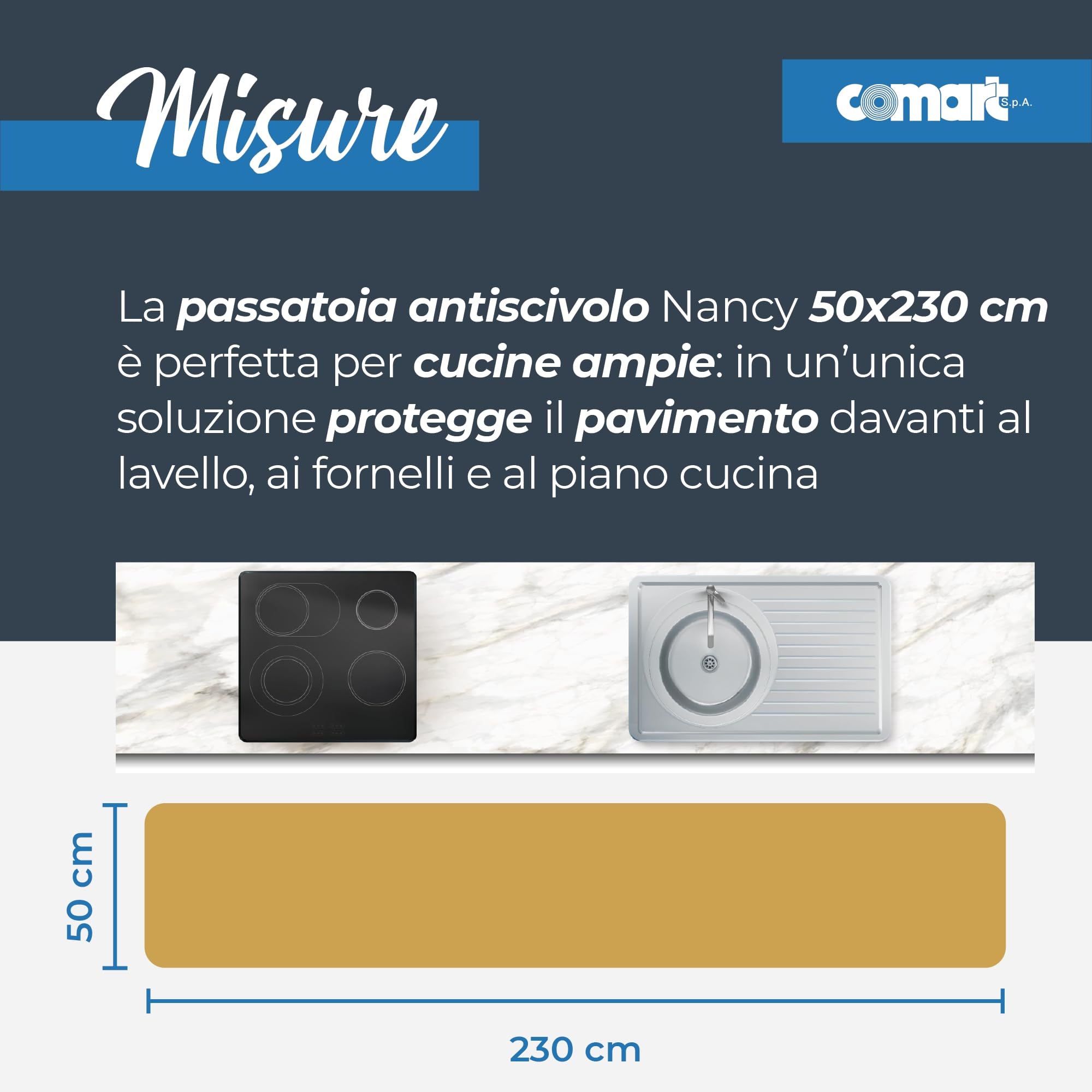 Comart - Tappeto Cucina Nancy - Antiscivolo - Lavabile in Lavatrice - Moderna Passatoia in Ciniglia - Runner per Corridoio e Cucina - Morbido e Resistente - Made in Italy - Perla - 50x230 cm