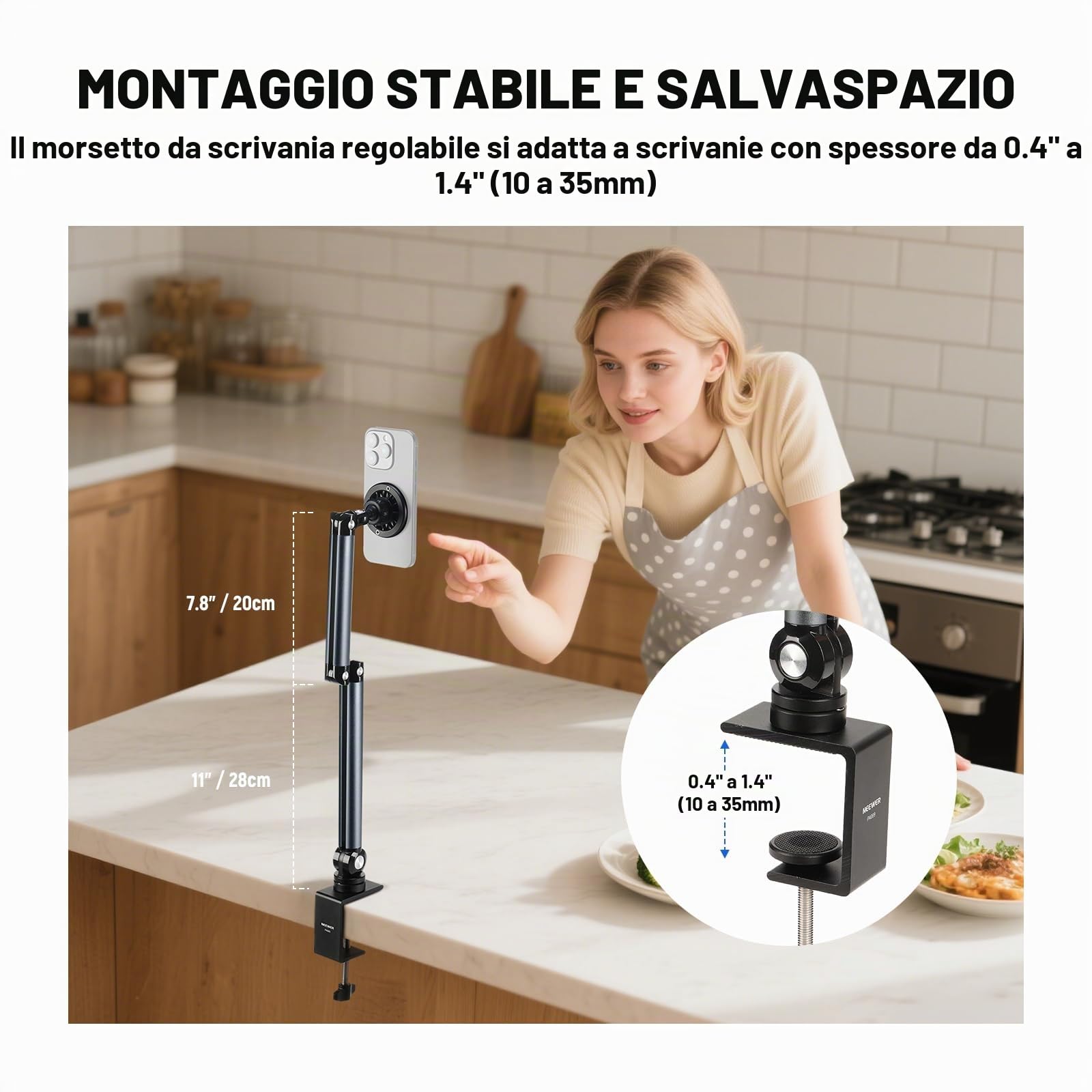 NEEWER BASICS PA089 - Supporto magnetico per telefono cellulare, per scrivania e letto, regolabile in tensione, compatibile con MagSafe iPhone 16, 15 Pro Max Plus, 14, 13, 12, per riprese video