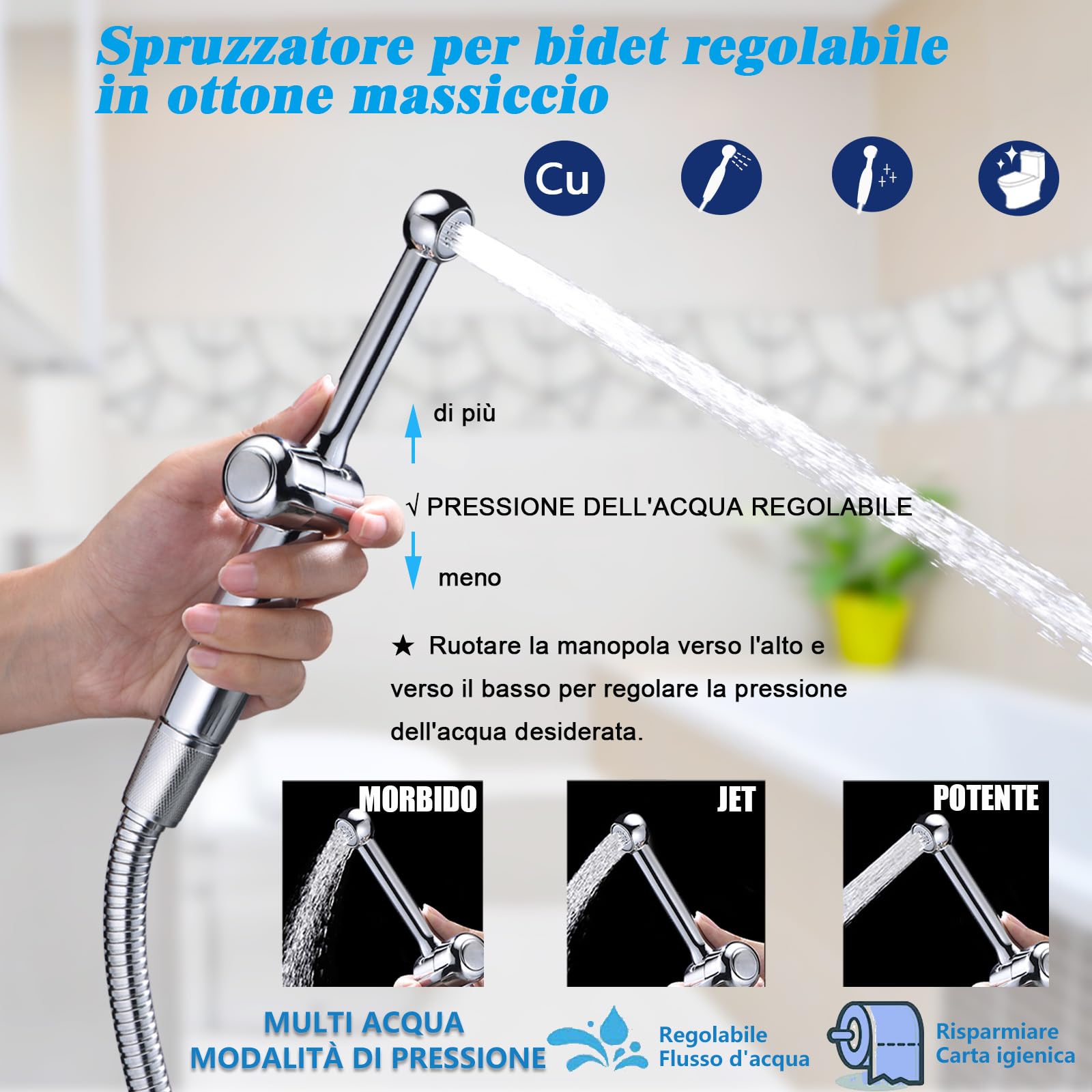Spruzzatore portatile per bidet WC in ottone, attacco per bidet da 20,1 cm con tubo flessibile per igiene personale doccia musulmana Shattaf con pressione regolabile G1/2" e valvola a T G3/8",