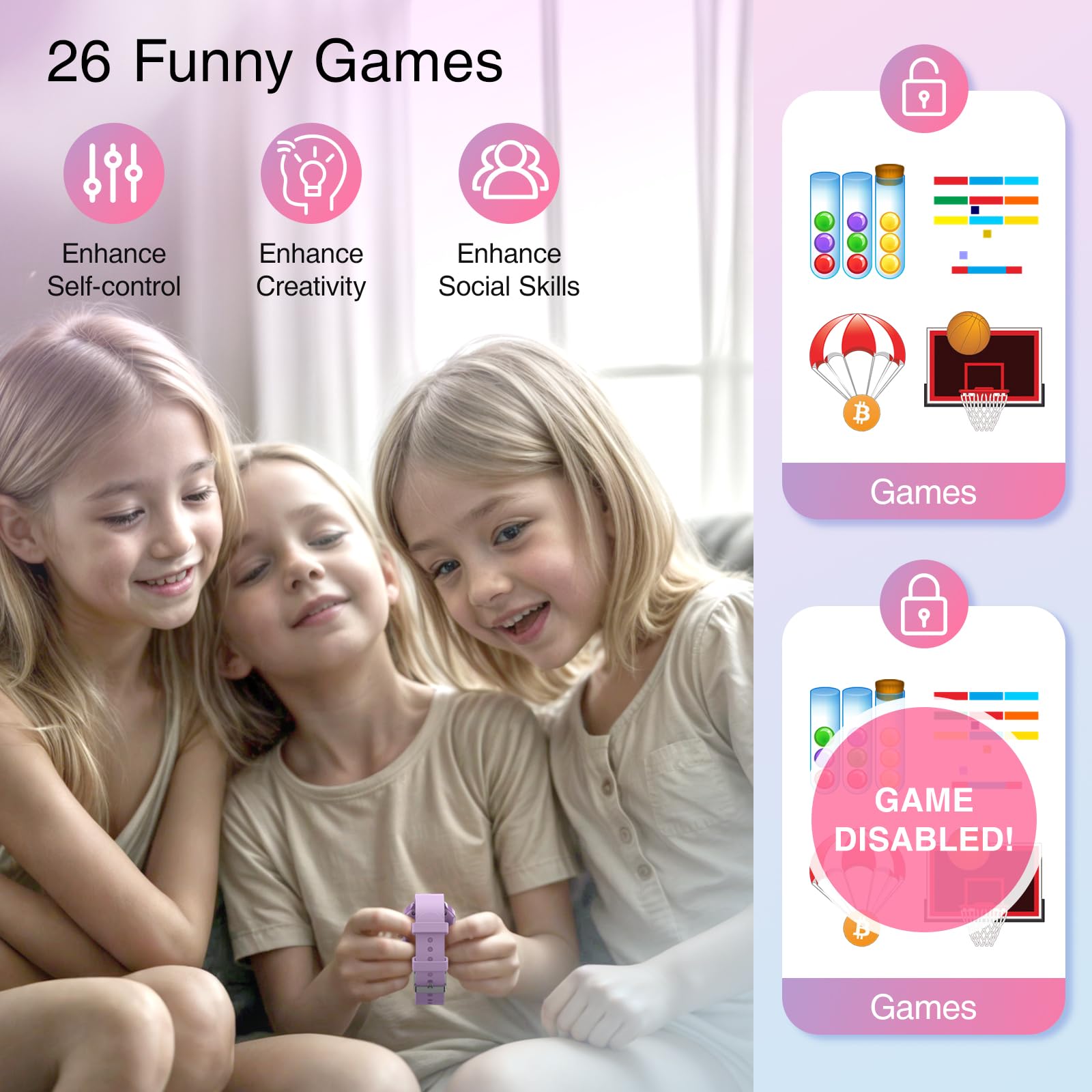 Smart Watch per Bambini - 26 Giochi, Fotocamera, Lettore Video, Musica, Pedometro Smartwatch Giocattolo, Orologio touch screen HD 1,69 pollici, Regali per Ragazzi e Ragazze 3-12 Anni (Viola)