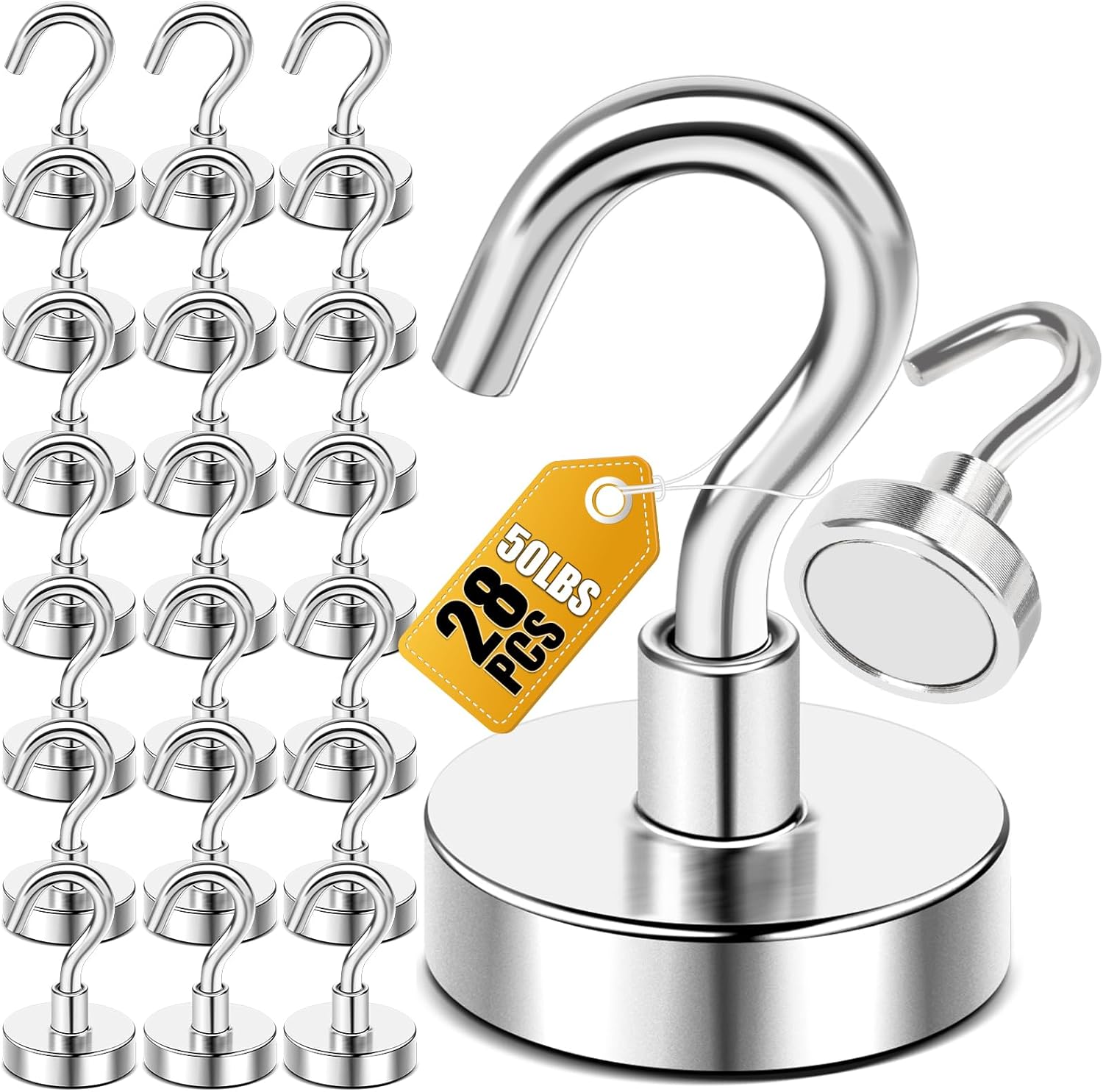 DIYMAG Magnetic Hooks, 28pack Magnet Hook Essentials Strong Heavy Duty Magnetics for Kitchen Refrigerator Hanging Classroom Cruise Cabins Accessories Silver