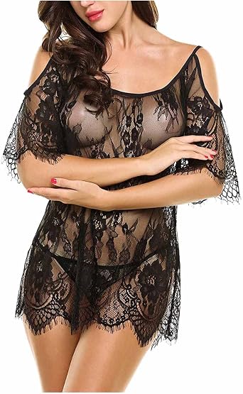 Lingerie WomenS Off-Shoulder Through Mesh Night Dress Lace Floral Embroidery Sleepwear