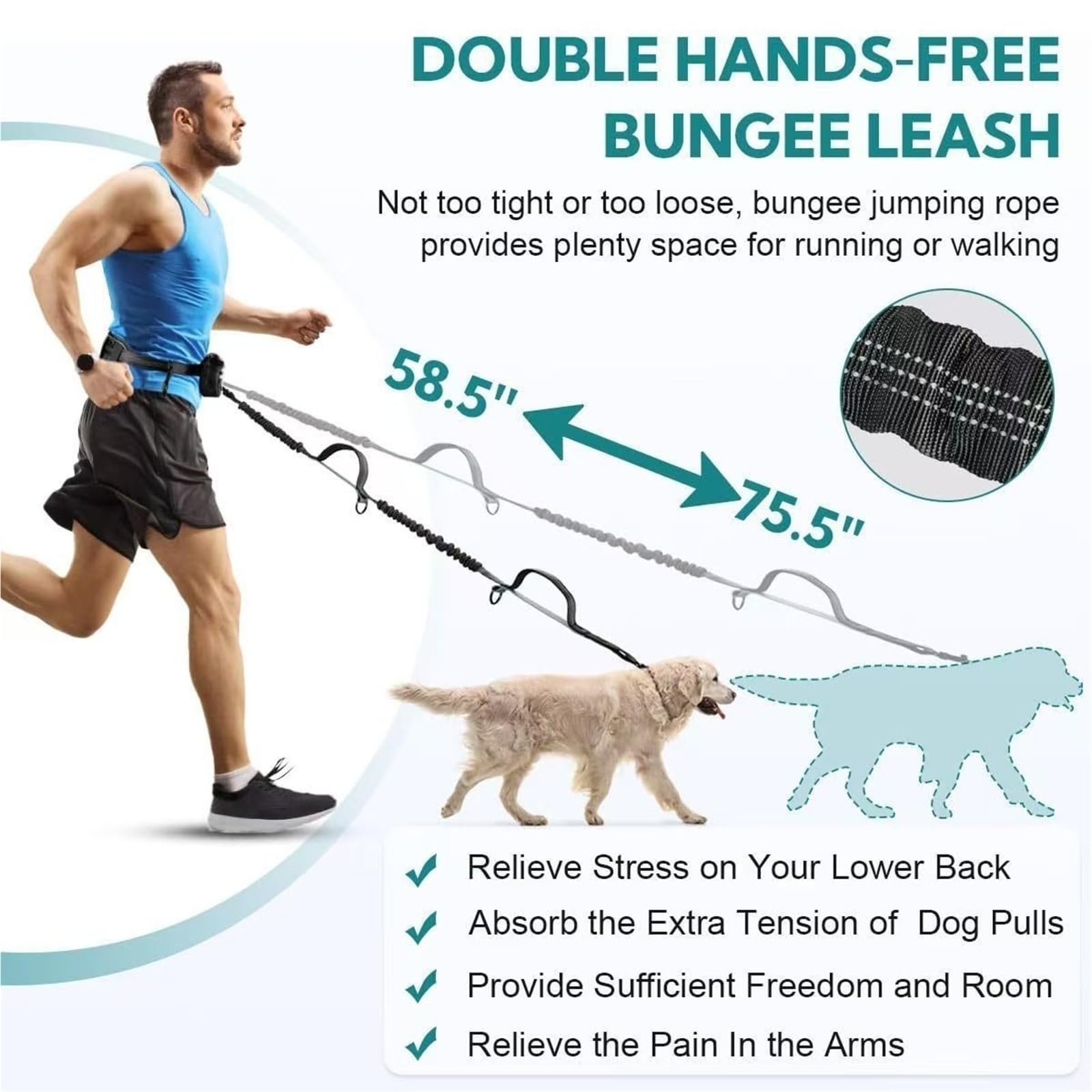 Laisse Mains Libres pour Chien avec Ceinture, Laisse Élastique À Poignée Simple Ou Double avec Pochette pour Promener(Blue,Double)