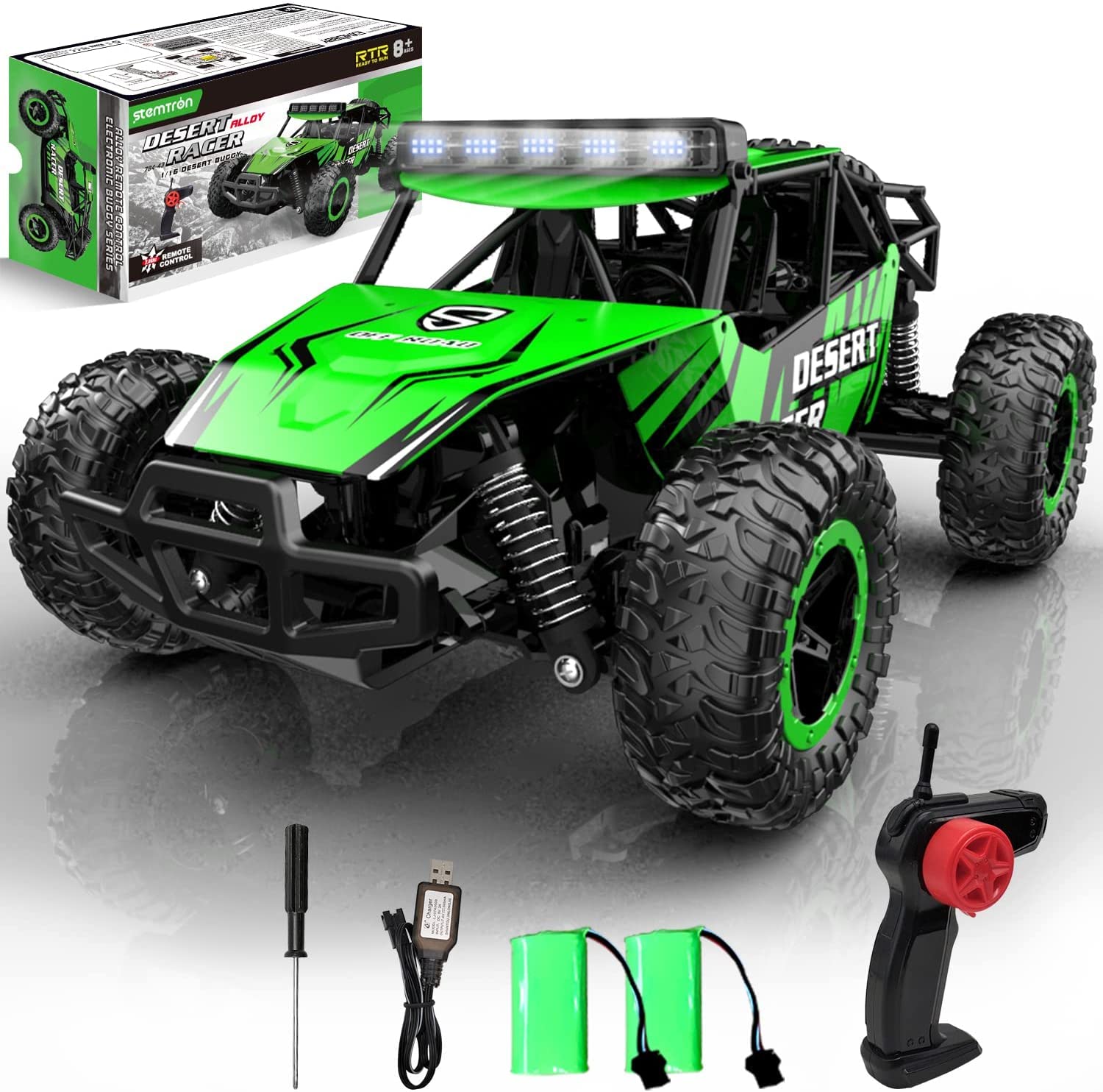RACENT Remote Control Car for Boys 20KPH 1:16 All Terrains Off-Road RC Truck with Headlights and 2 Rechargeable Batteries Gift for Kids Adults