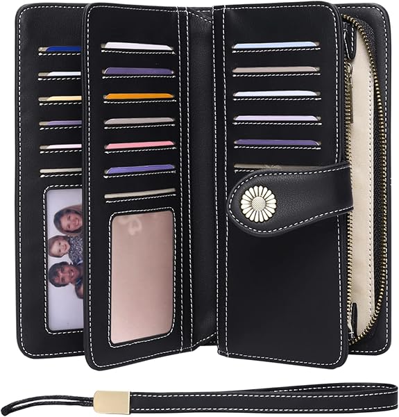 FALAN MULE Women Leather Wallet Large Capacity Bifold RFID Blocking Card Holder with Zipper Coin Pocket